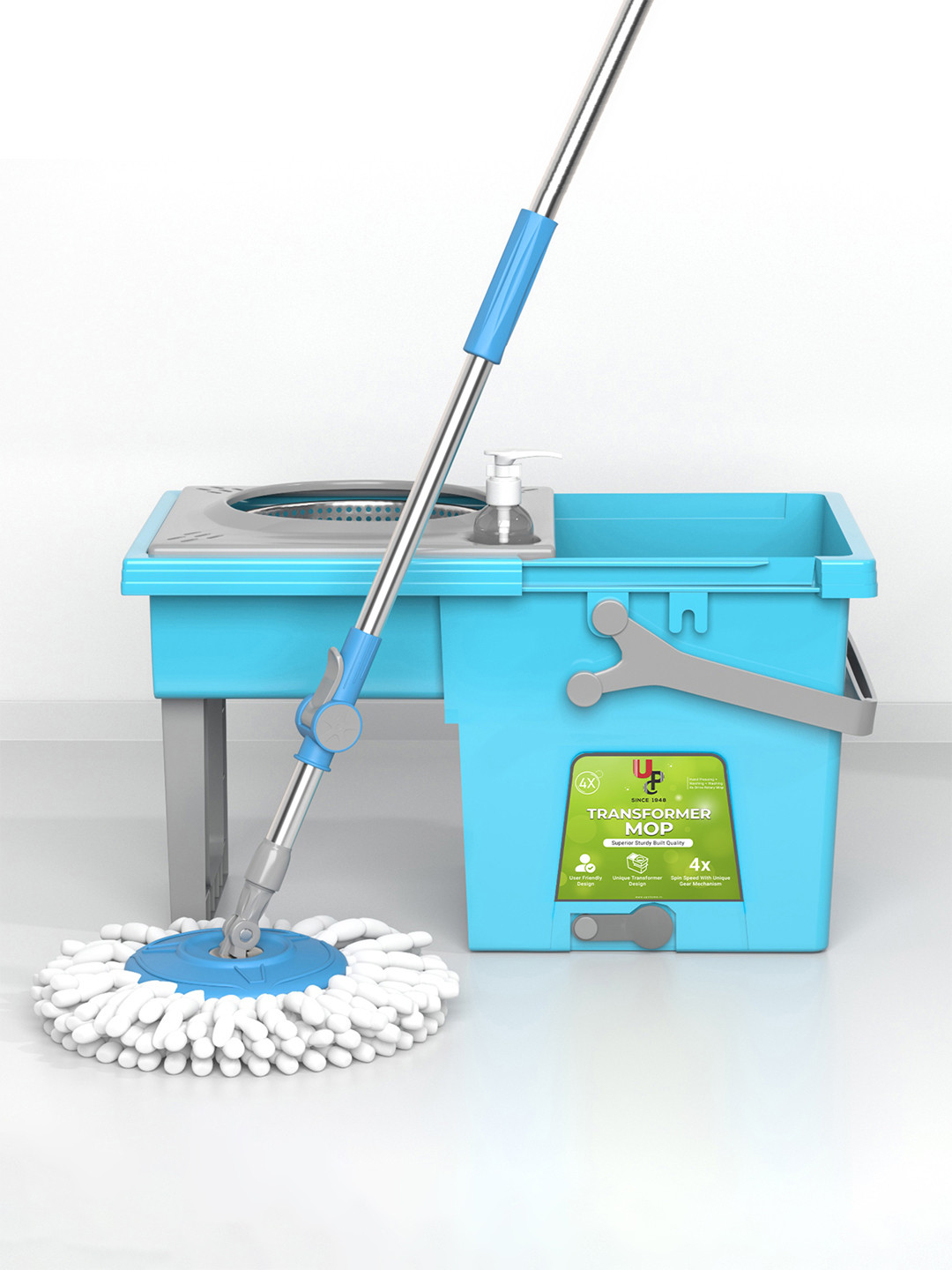 UPC Blue & Grey 360 Degree Spin Mop with Space Saving Bucket with 2 Microfiber Refills