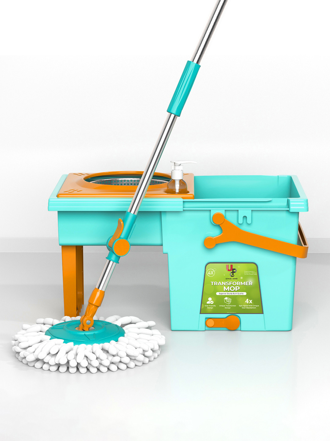 UPC Green & Mustard Yellow 360 Degree Spin Mop & Bucket with 2 Microfiber Refills