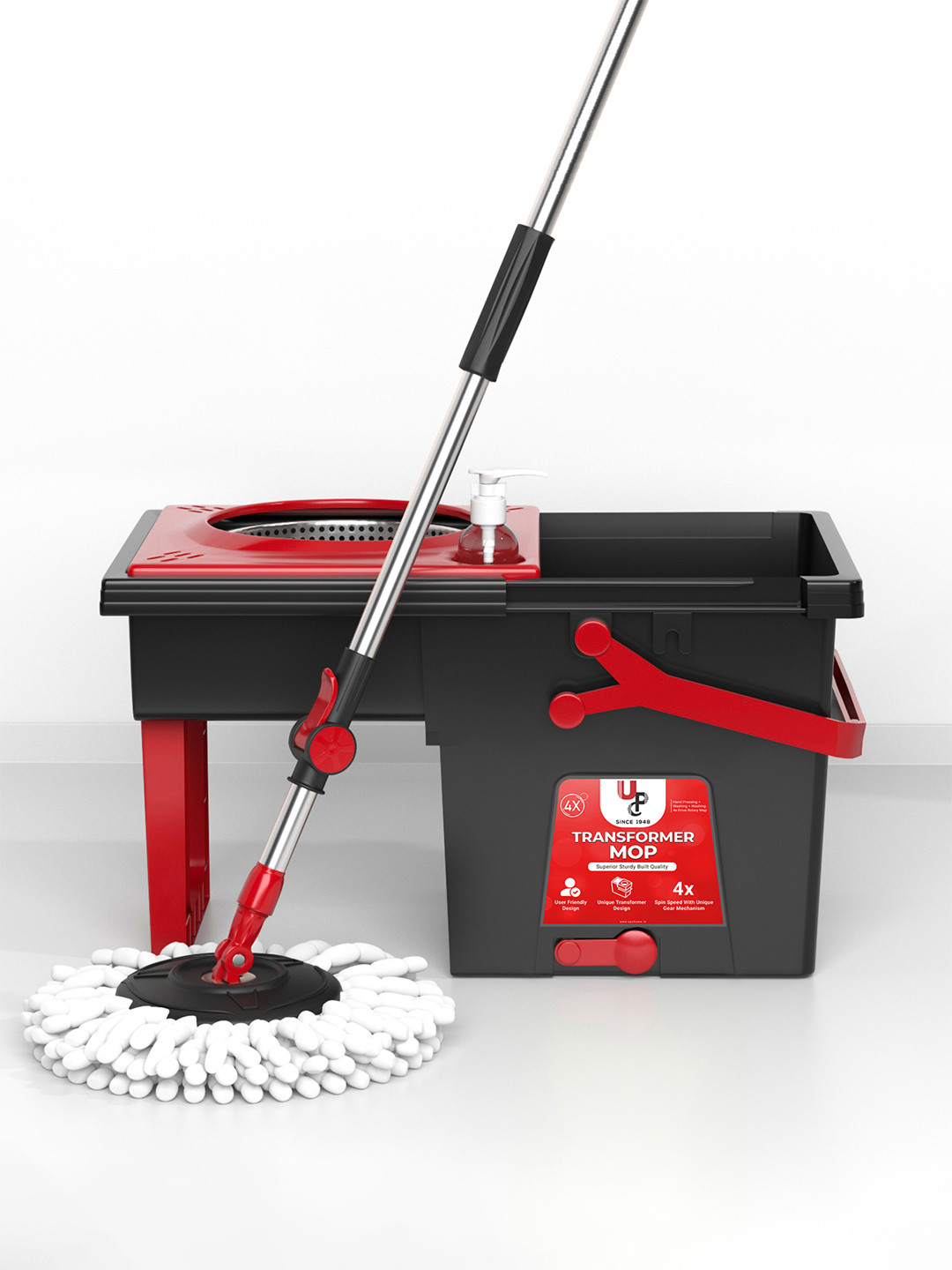 UPC Black & Red 360 Degree Spin Mop & Bucket with 2 Microfiber Refills