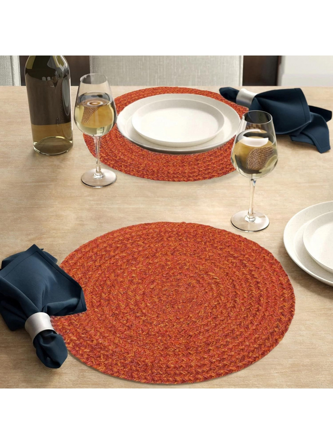 THE HOME TALK Brown & Red 2 Pieces Textured Jute Round Table Placemats