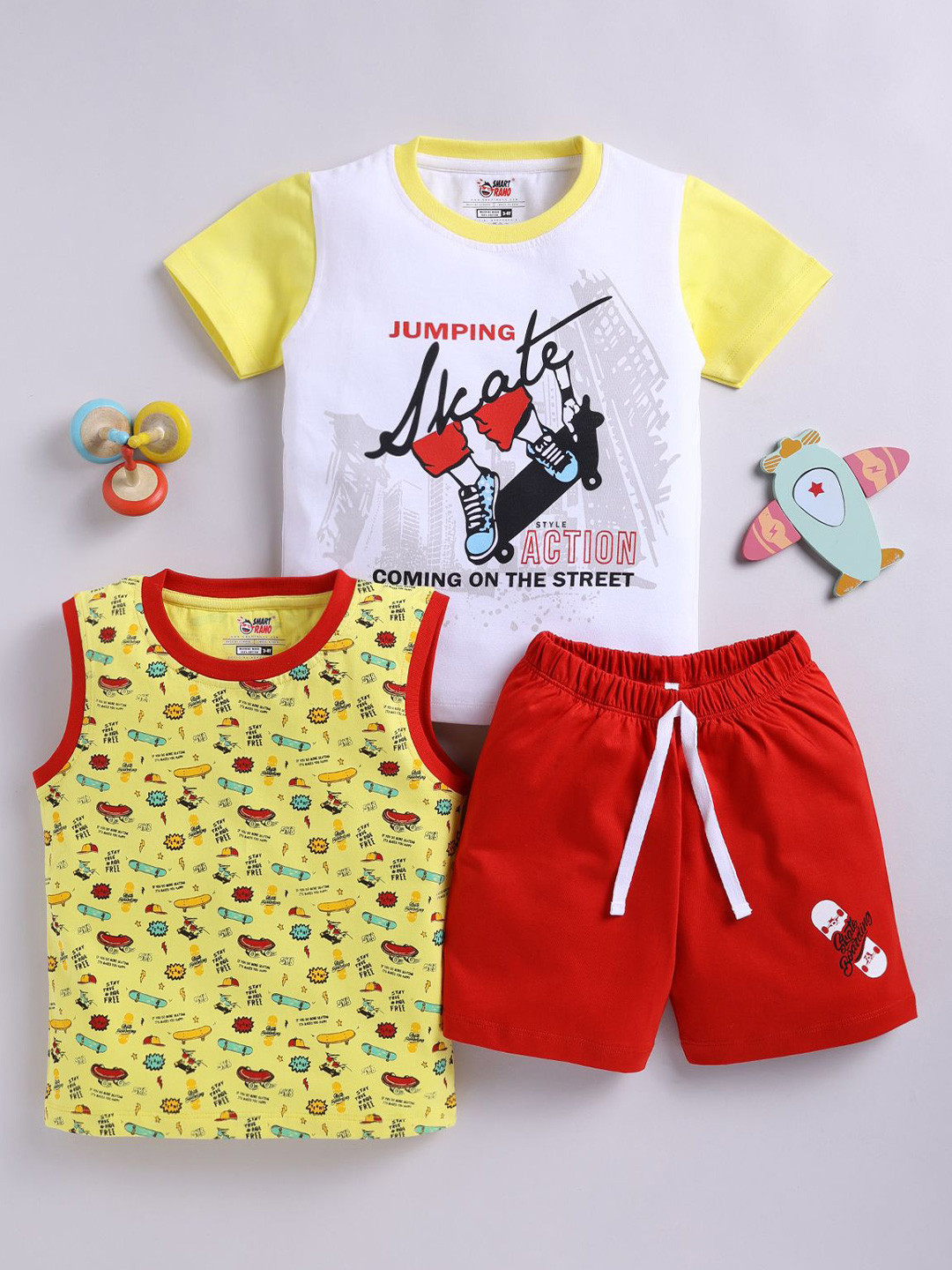 LITTLE NINJA Boys Printed Pure Cotton T-shirt And Shorts With Innerwear Vest