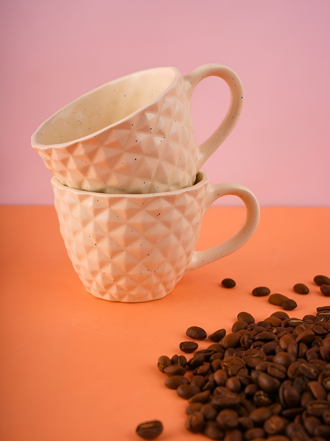 WEAVING HOMES White Textured Ceramic Handmade 2 Piece Mugs-200ml