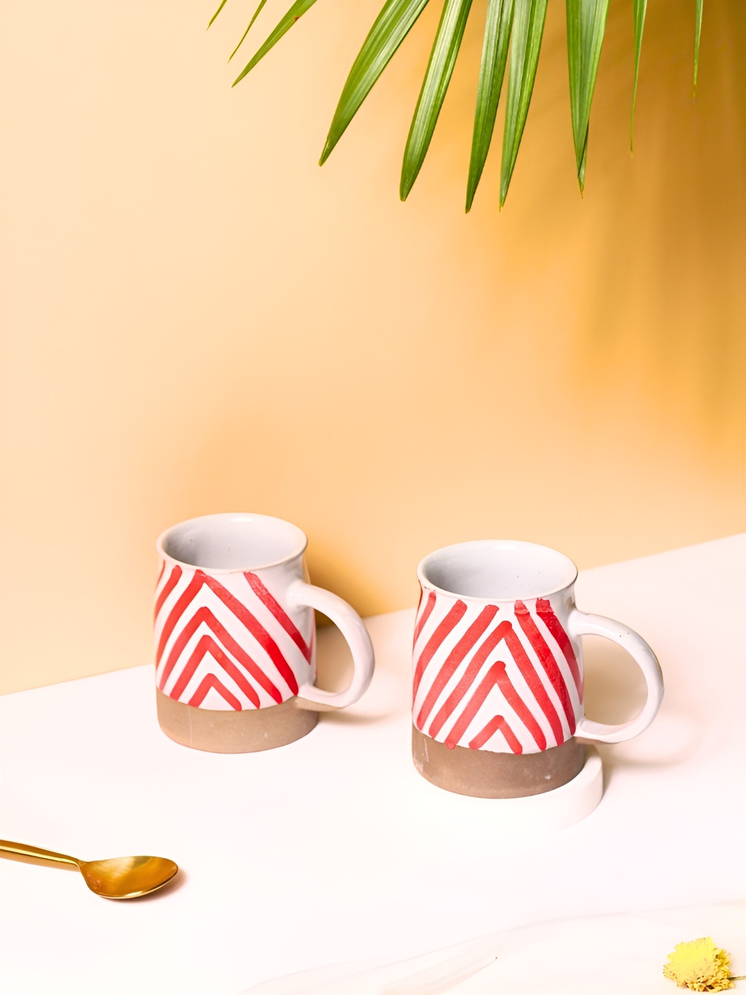 WEAVING HOMES Red Striped Ceramic Microwave Safe 2 Piece Mugs-230ml