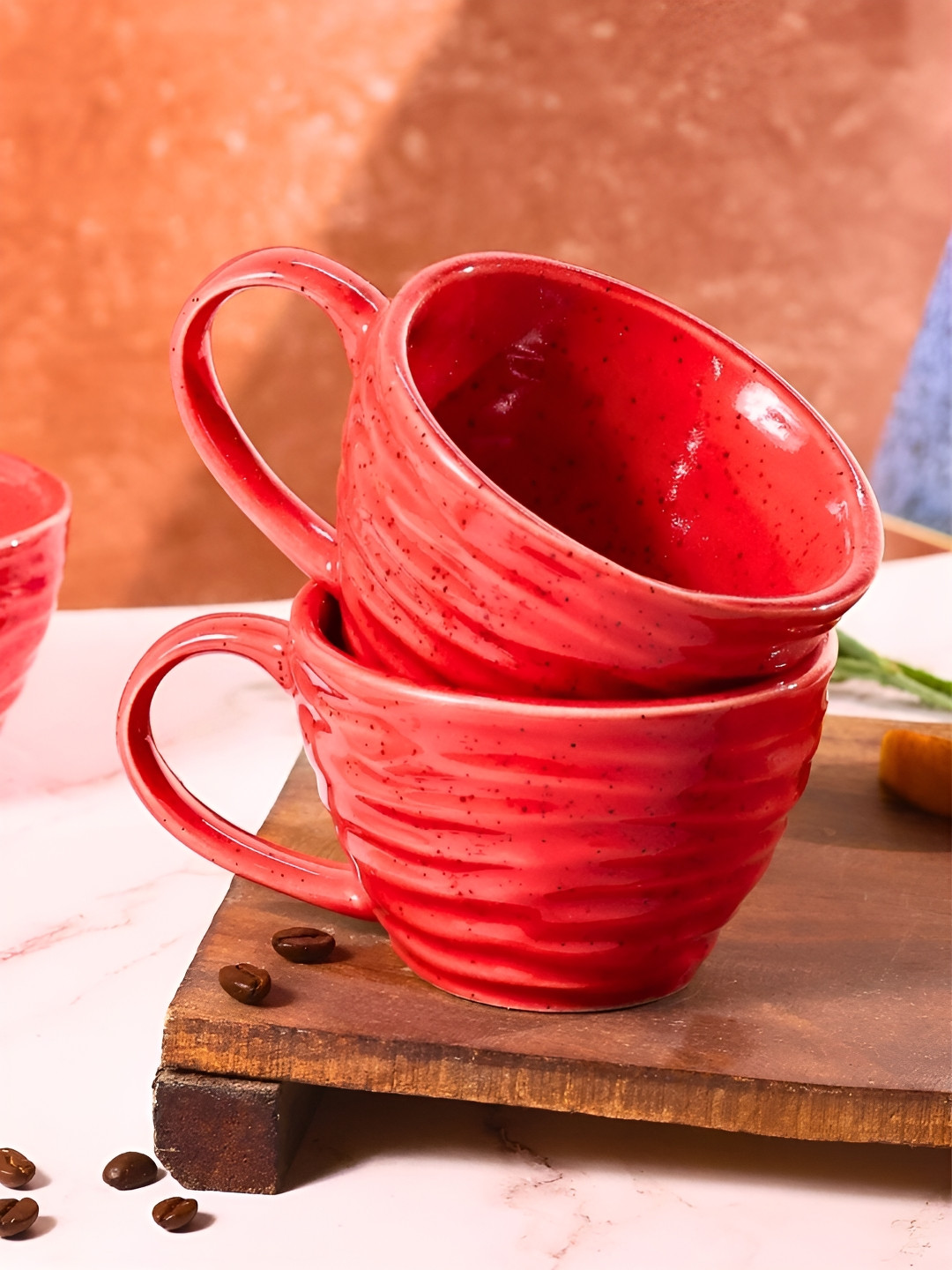 WEAVING HOMES Matte Indian Red Textured Ceramic Handmade 2 Piece Mugs-200ml