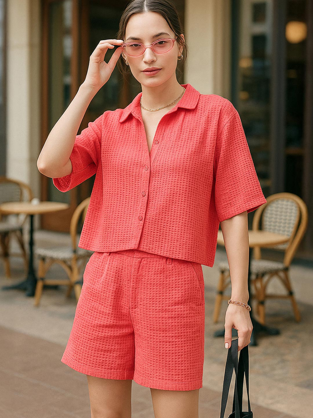 Bewakoof Pink Pure Cotton Oversized Shirt With Shorts