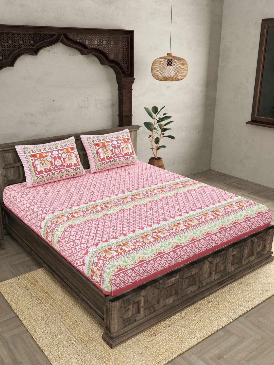 JAIPUR FABRIC Adorable Elephant Pink Ethnic Motifs Cotton 300 TC Super King Fine 2 Bedsheet with 2 Pillow Covers-130 x 130 inches