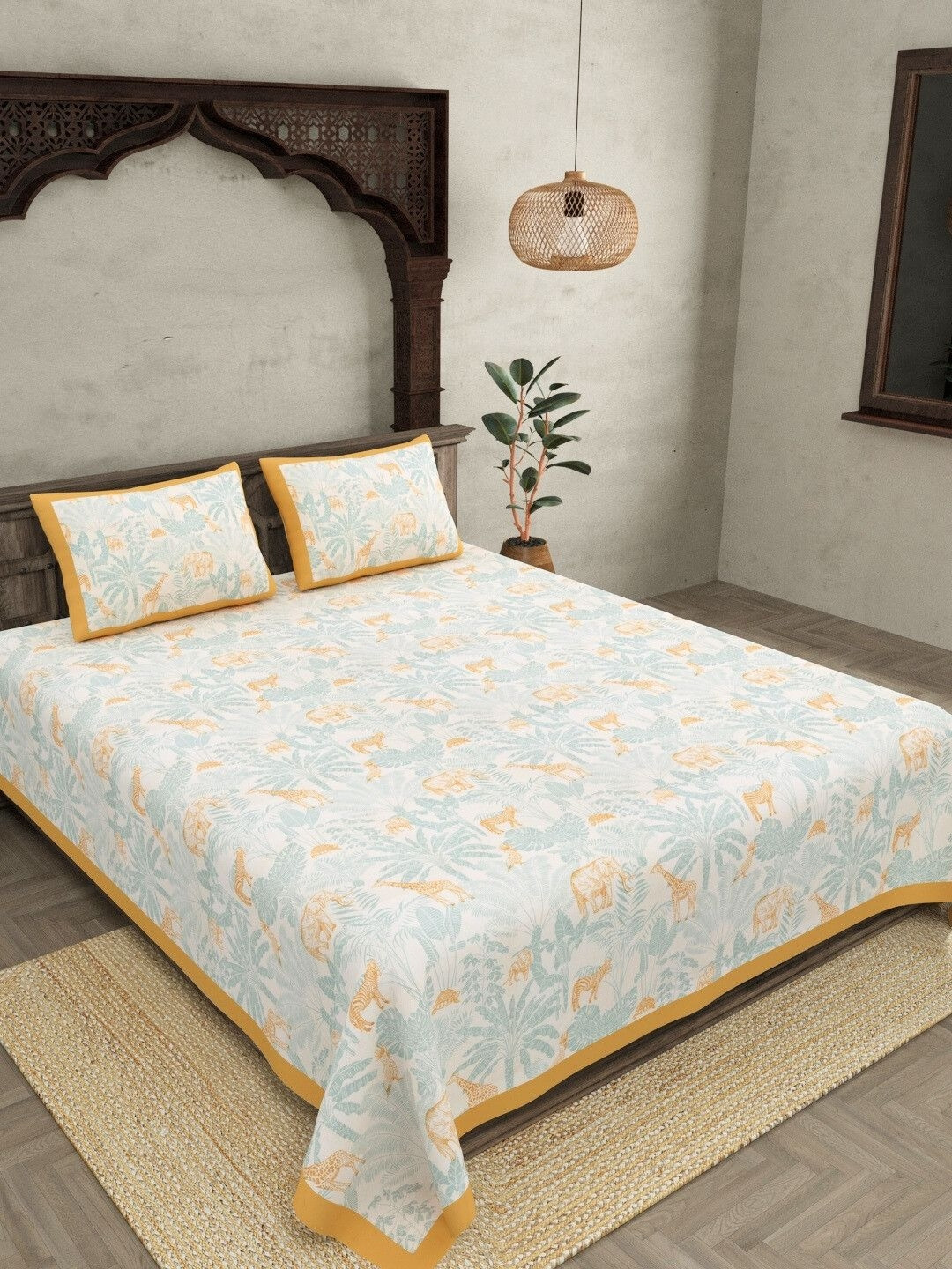 JAIPUR FABRIC Yellow Floral Pure Cotton 300 TC King Fine Bedsheet with 2 Pillow Covers-118 x 118 inches