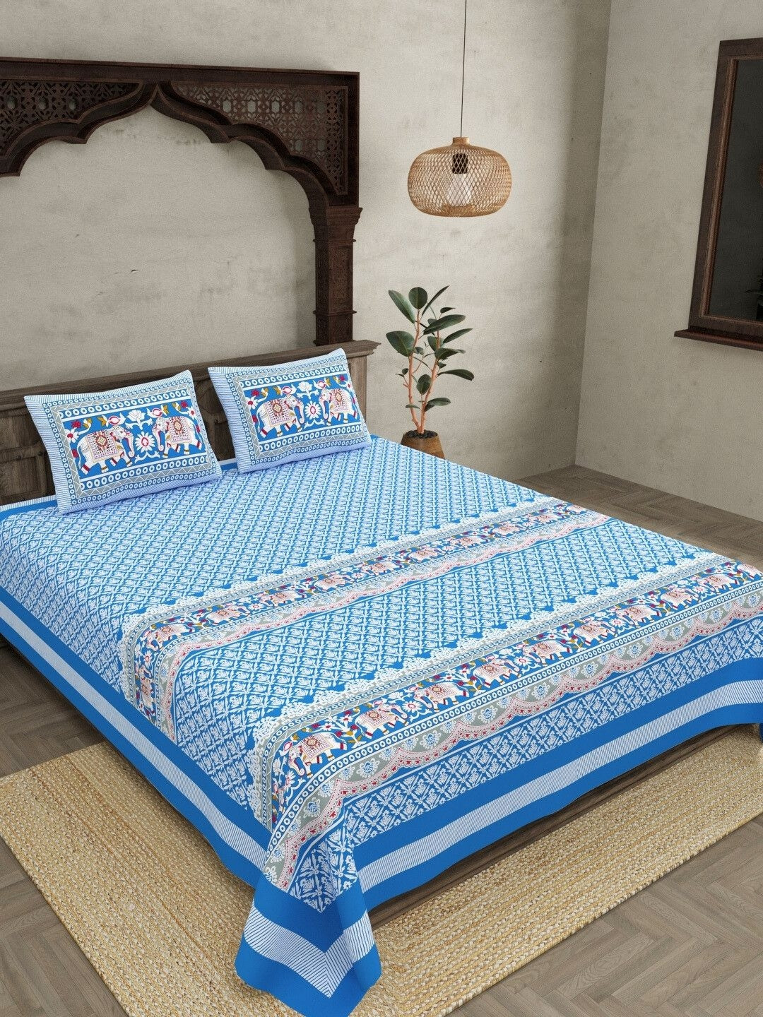 JAIPUR FABRIC Blue Ethnic Motifs Pure Cotton 300 TC King Fine Bedsheet with 2 Pillow Covers-300 x 300 cm