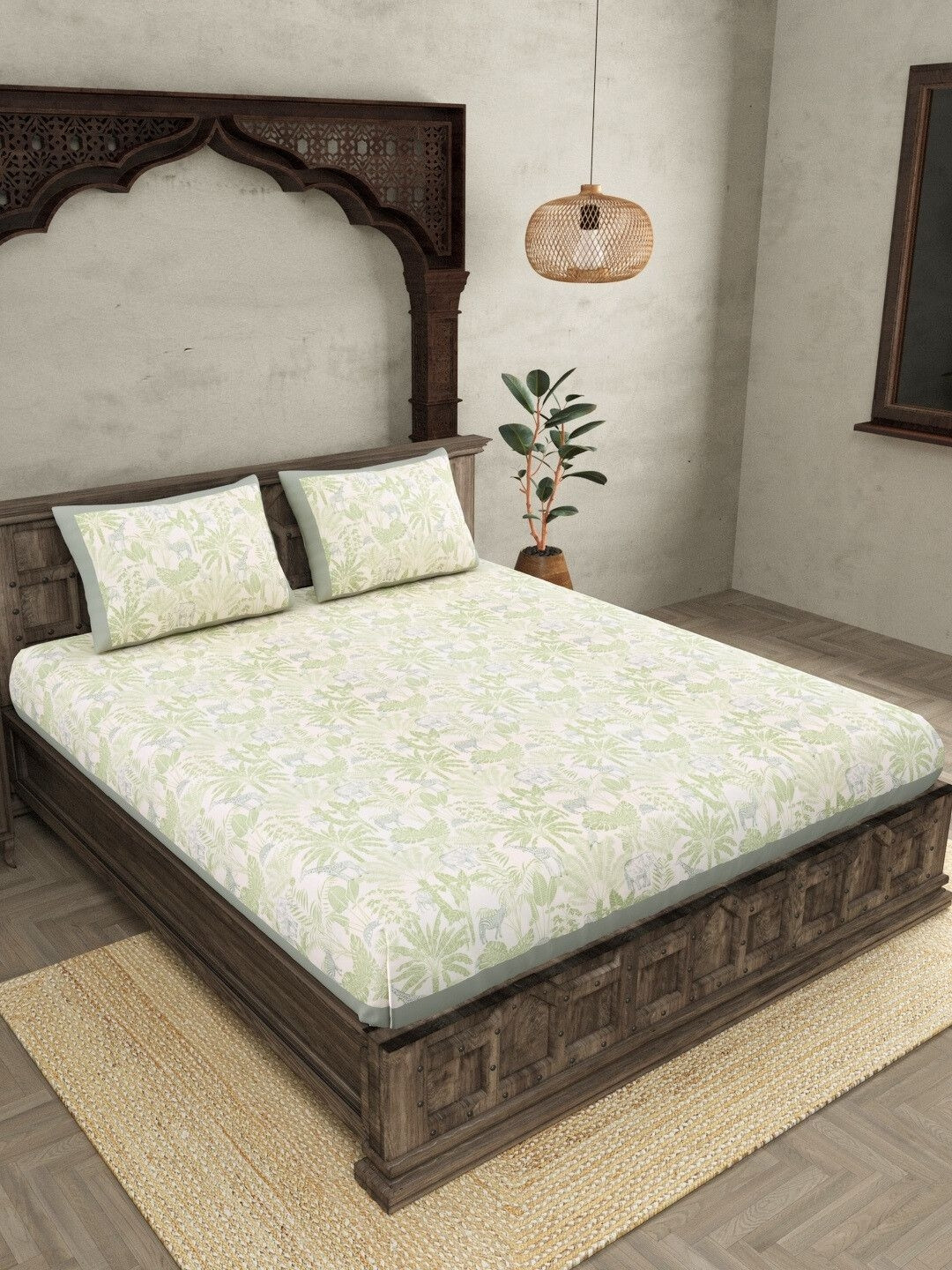 JAIPUR FABRIC Safari Adventure Green Ethnic Motifs Cotton 300 TC Super King Fine Bedsheet with 2 Pillow Covers-130 x 130 inches
