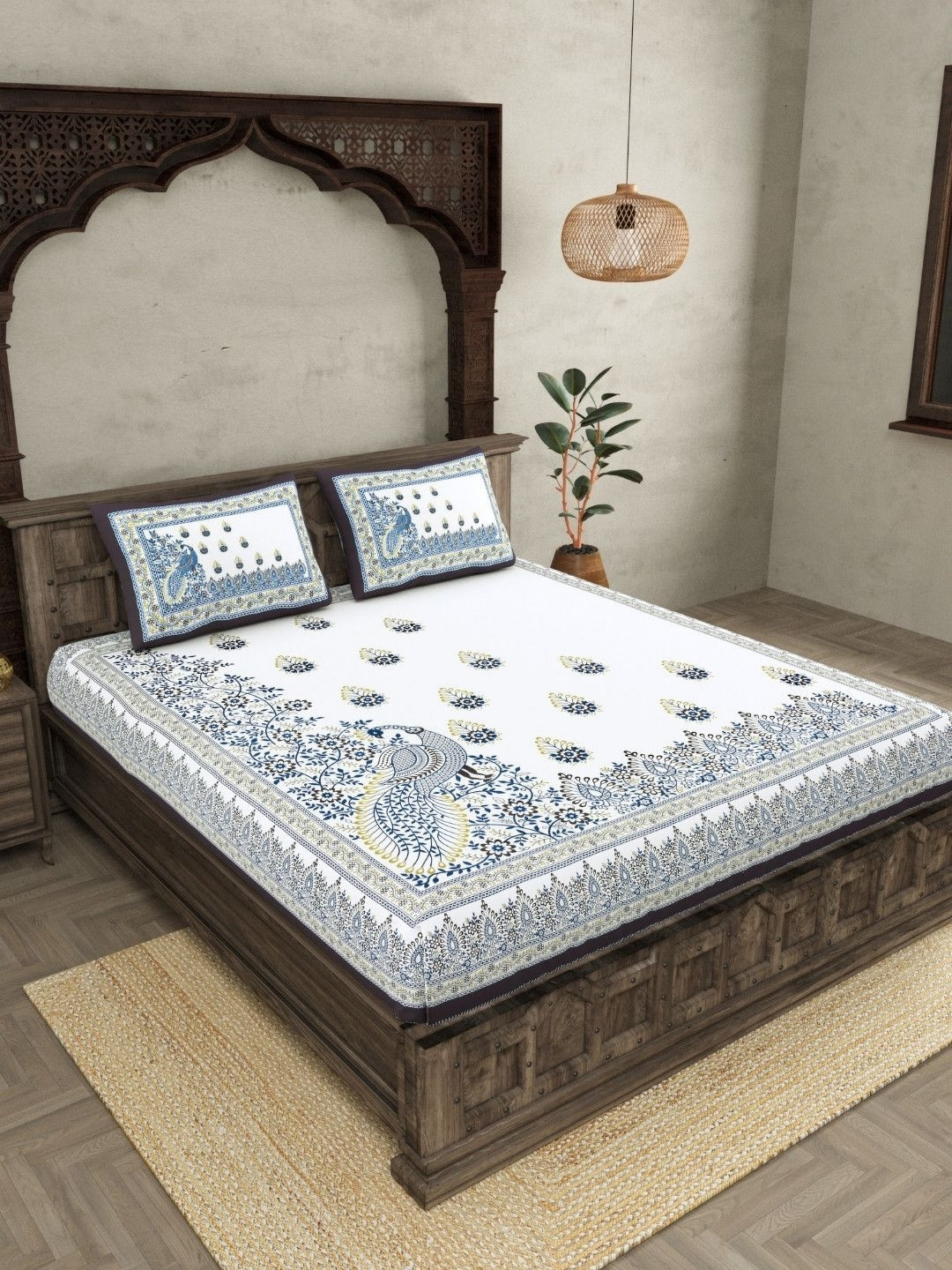JAIPUR FABRIC Artistic Beauty Blue Ethnic Motifs Pure Cotton 300 TC Double Fine Bedsheet with 2 Pillow Covers-118 x 118 inches