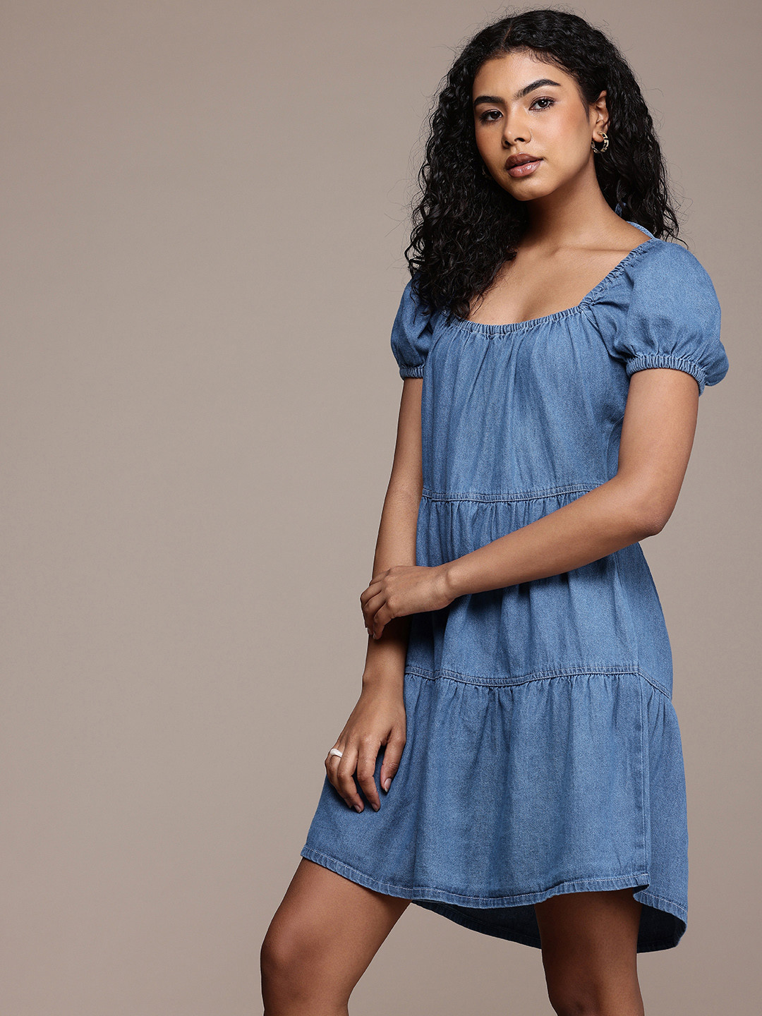 The Roadster Life Co. Tie-Up Puff Sleeve Gathers Pure Cotton Chambray Tiered A-Line Dress