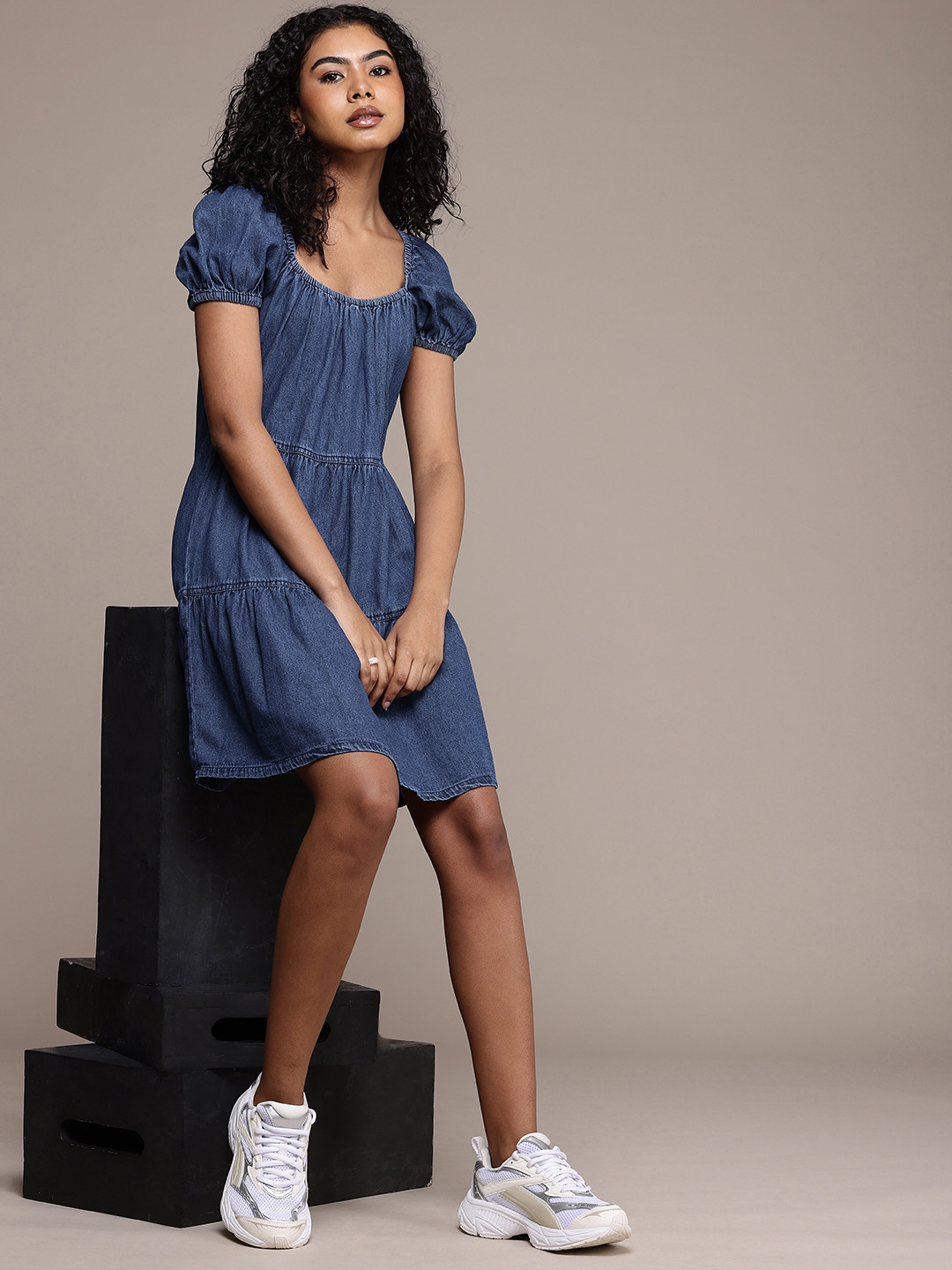 The Roadster Life Co. Tie-Up Puff Sleeve Gathers Pure Cotton Chambray Tiered A-Line Dress