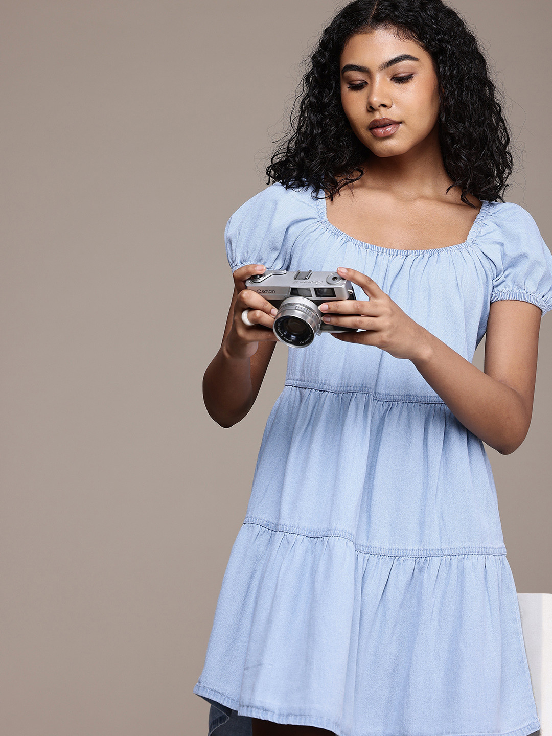 The Roadster Life Co. Tie-Up Puff Sleeve Gathers Pure Cotton Chambray Tiered A-Line Dress