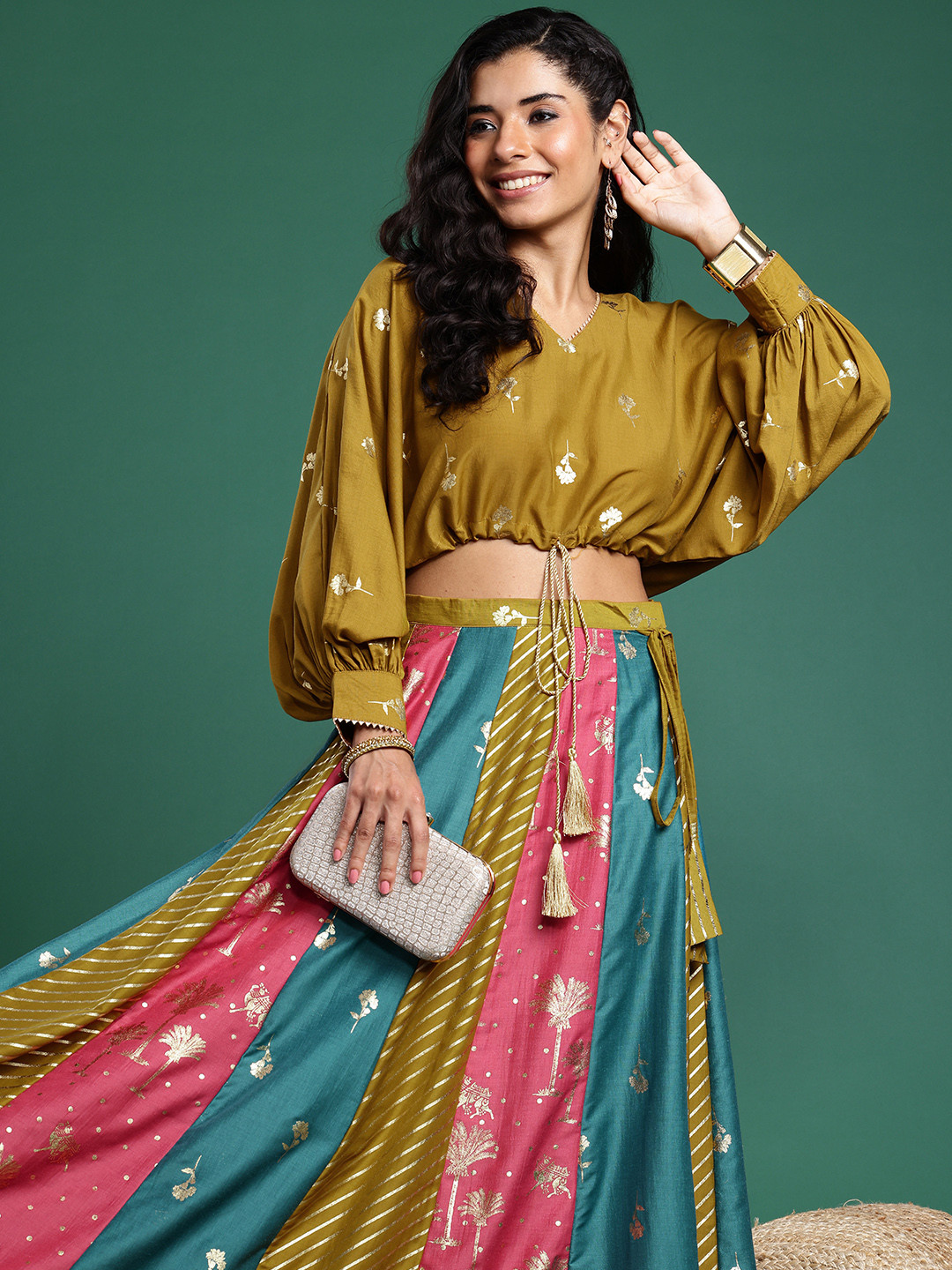Sangria Foil Printed V-Neck Dolman Sleeves Ready to Wear Lehenga Choli