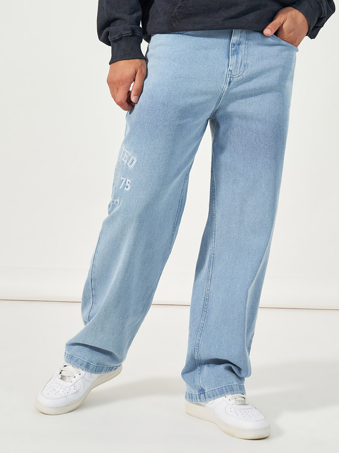 Styli Men Premium Side Hem Embroidery Detail Wide Leg Jeans