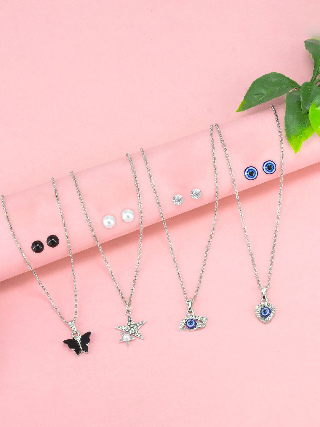 PRIVIU Set Of 4 Cubic Zirconia Studded Evil Eye Silver Jewellery Set