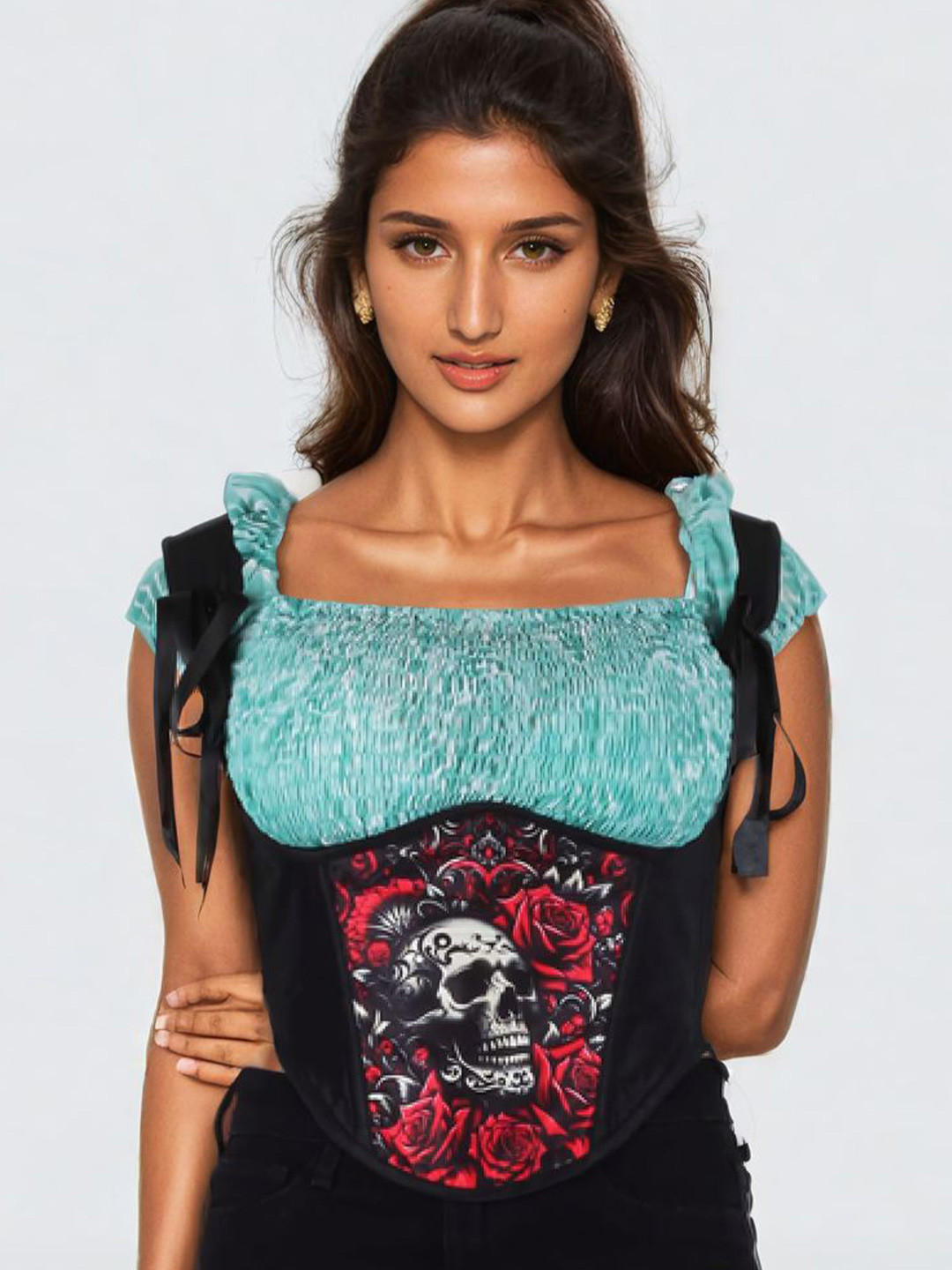 Bunny Corset Floral Print Flutter Sleeve Sheen Top