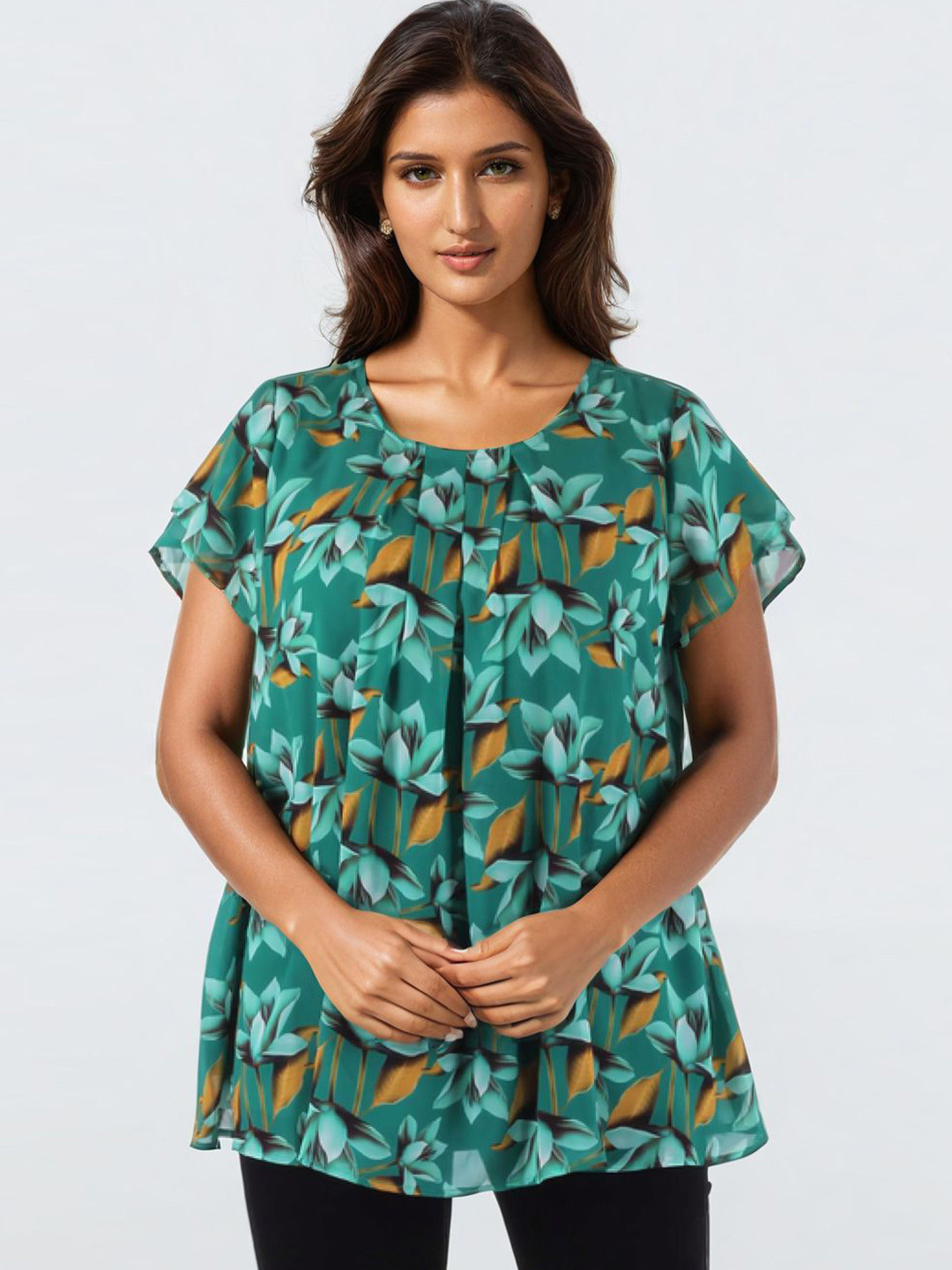 Bunny Corset Tropical Print Flutter Sleeve Top