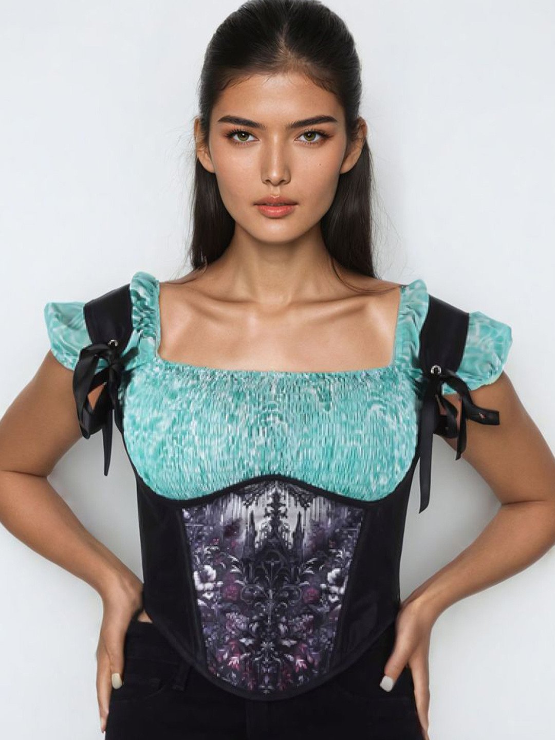Bunny Corset Floral Print Sweetheart Neck Flutter Sleeve Sheen Top