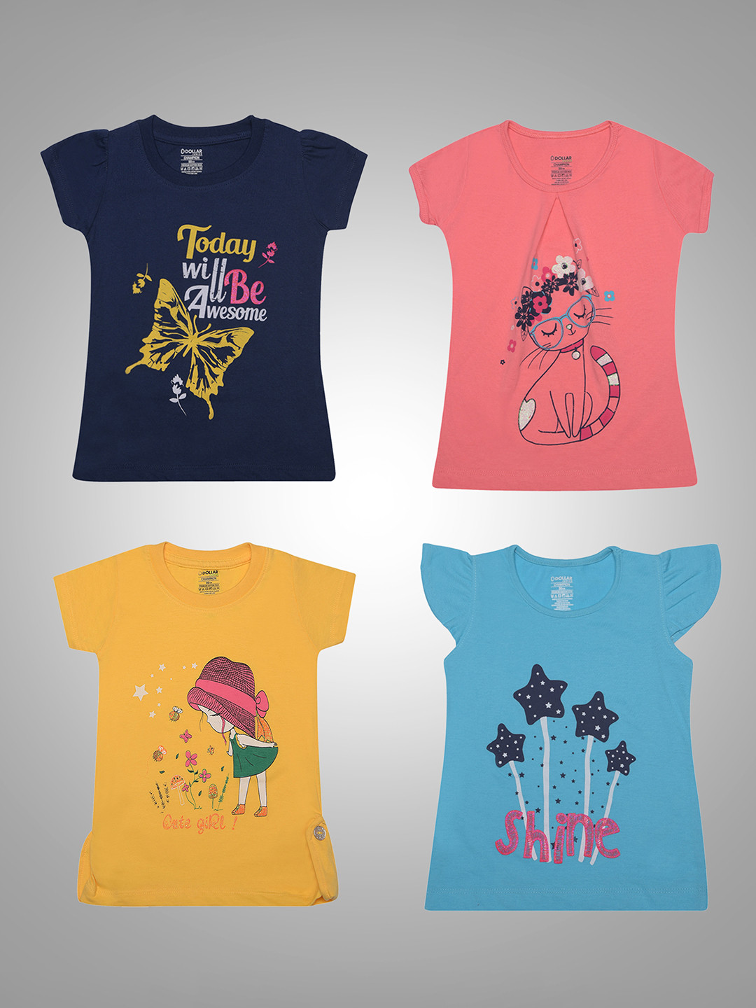 Dollar Champion Kidswear Girls Pack Of 4 Graphic Printed T-shirts