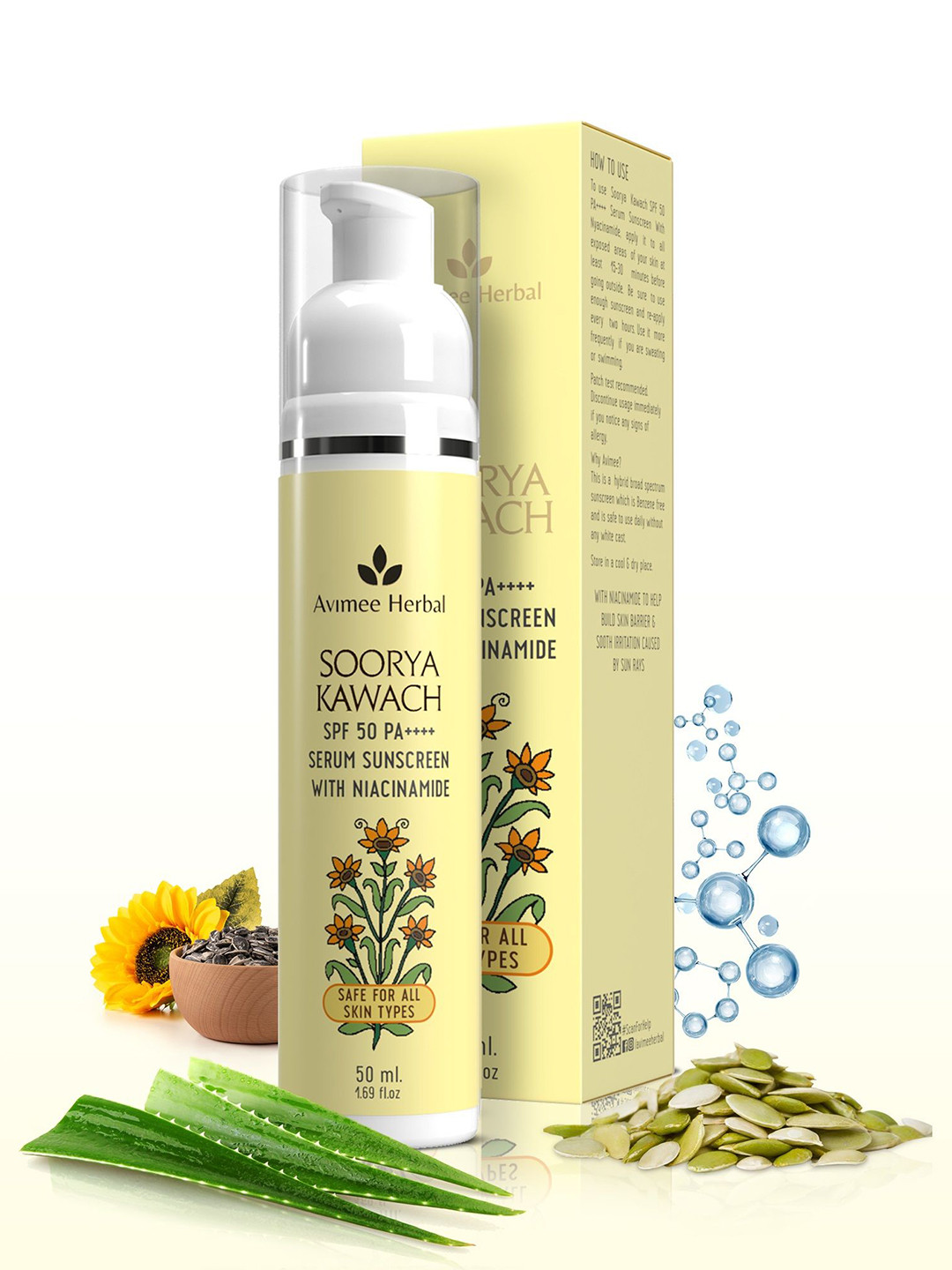 Avimee Herbal Soorya Kawach Sunscreen With SPF 50 PA++++ & Niacinamide - 50ml