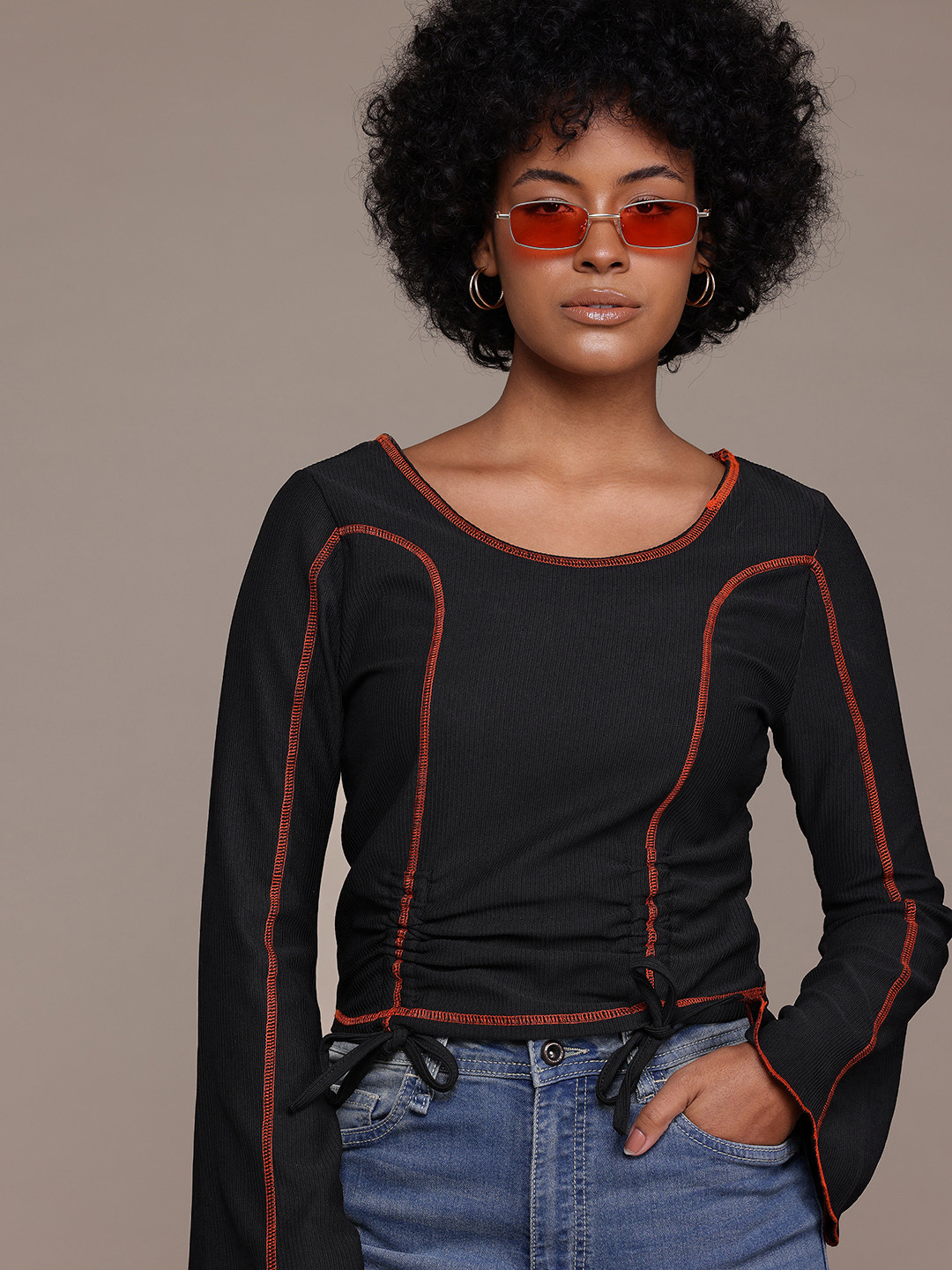 The Roadster Lifestyle Co. Ruched Ribbed Bell Sleeve Top