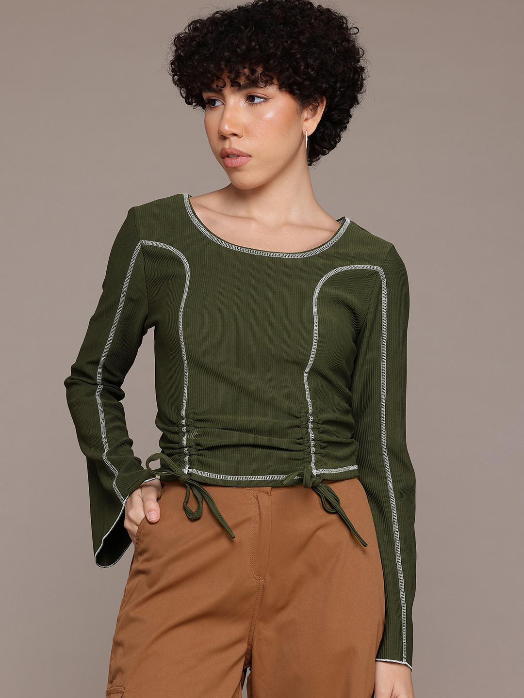 The Roadster Lifestyle Co. Ruched Ribbed Bell Sleeve Top