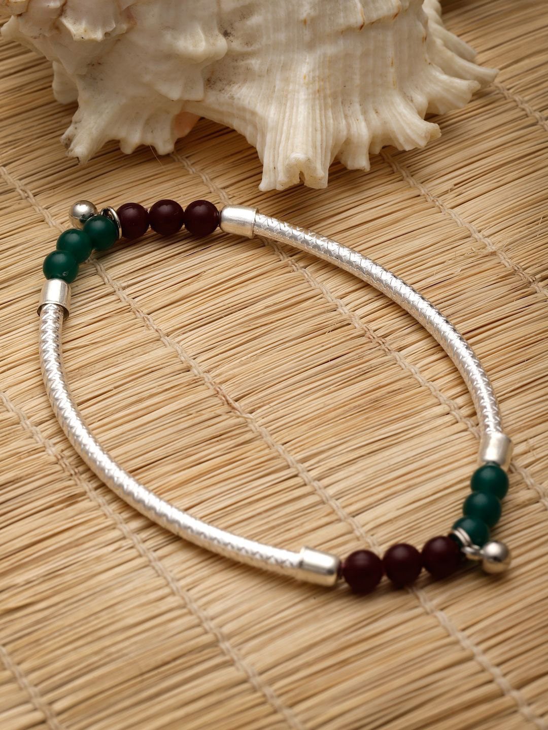 Silver-Plated Beaded Oxidised Ghungroo Anklet