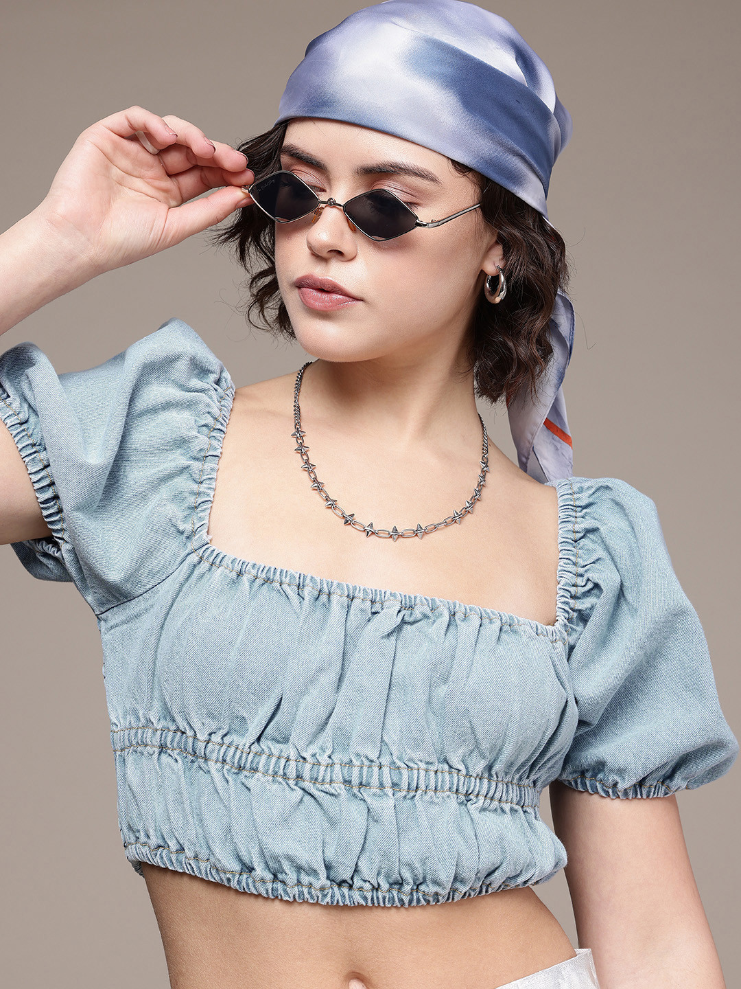 The Roadster Life Co. Pure Cotton Smocked Ruched Puff Sleeve Denim Crop Top
