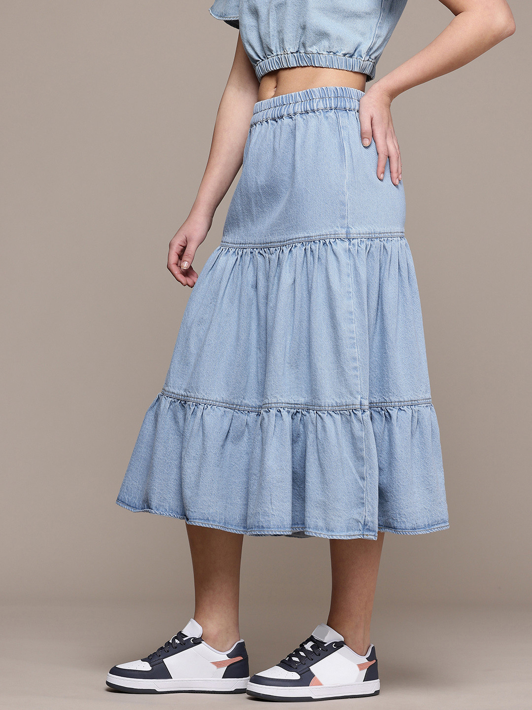 The Roadster Life Co. Women Gathered or Pleated Pure Cotton Midi Tiered Skirt