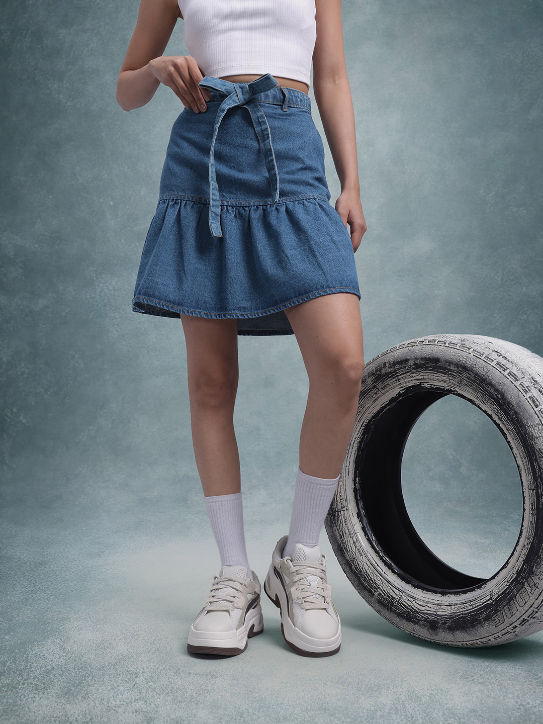 The Roadster Life Co. Washed Effect Bow-Detail Pure Cotton Tiered Denim A-Line Skirt