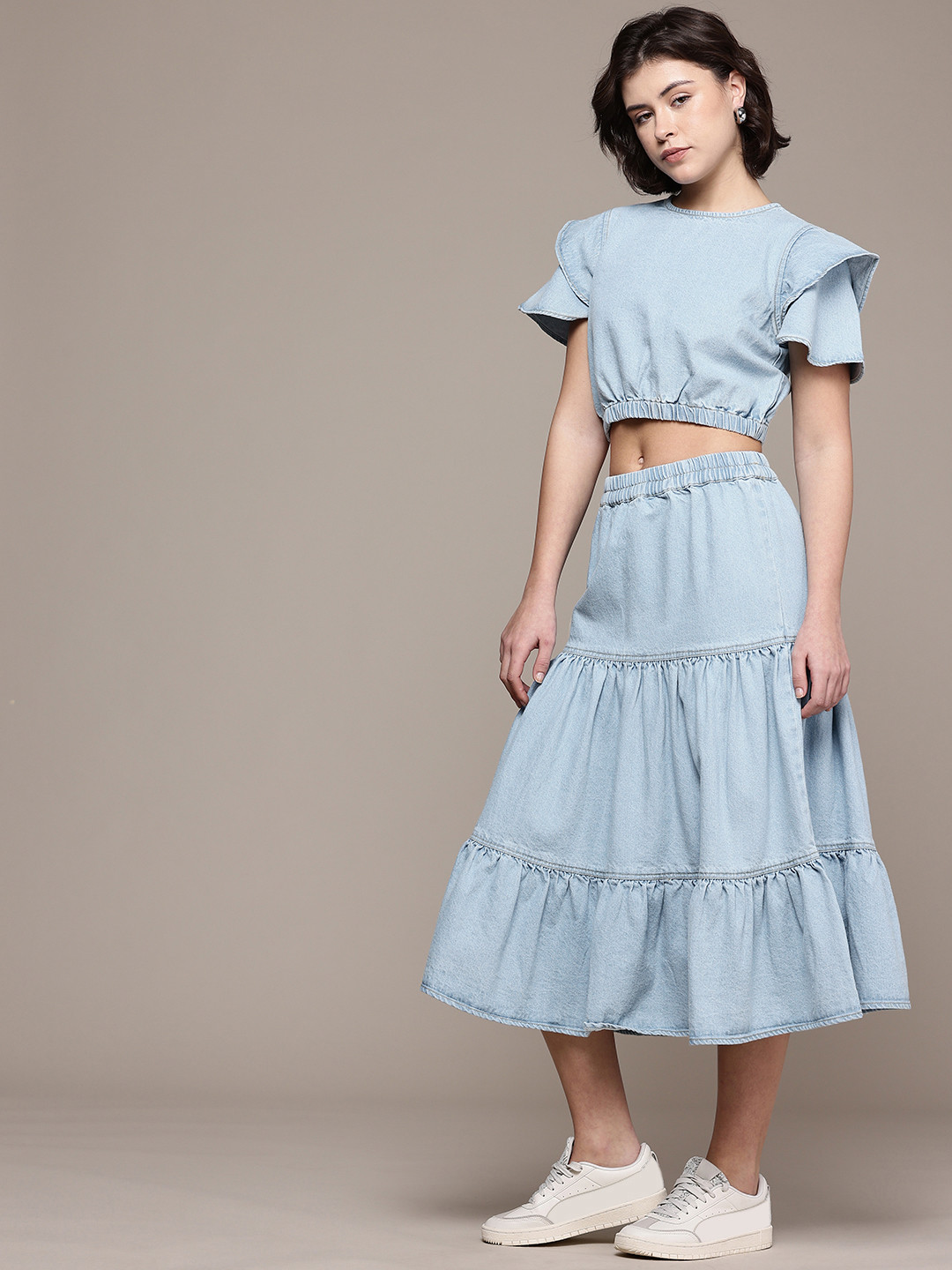 The Roadster Life Co. Denim Pure Cotton Ruffled Top with Tiered Skirt
