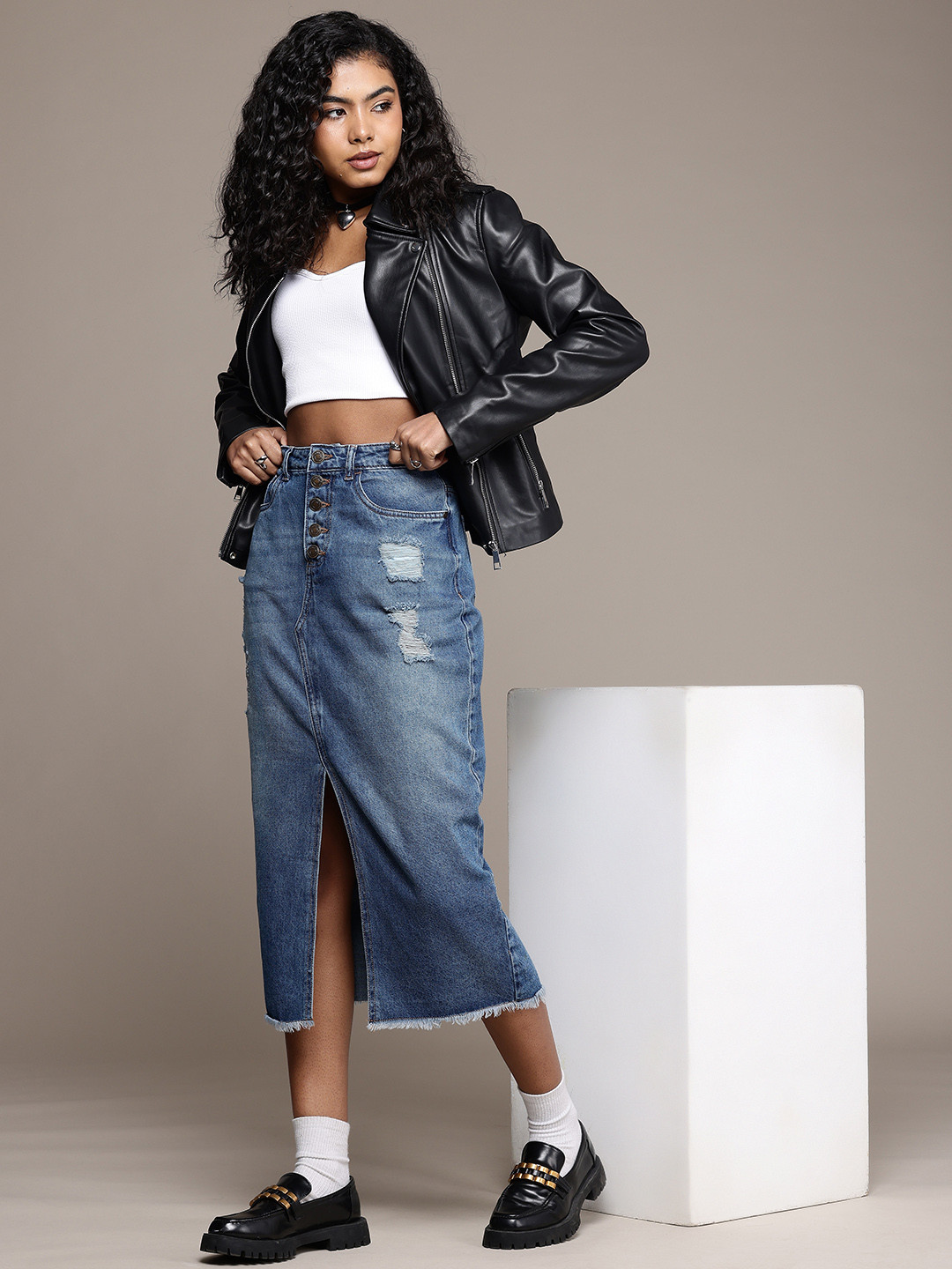 The Roadster Life Co. Women Cotton Front Slit Ripped Faded Straight Midi Denim Skirt