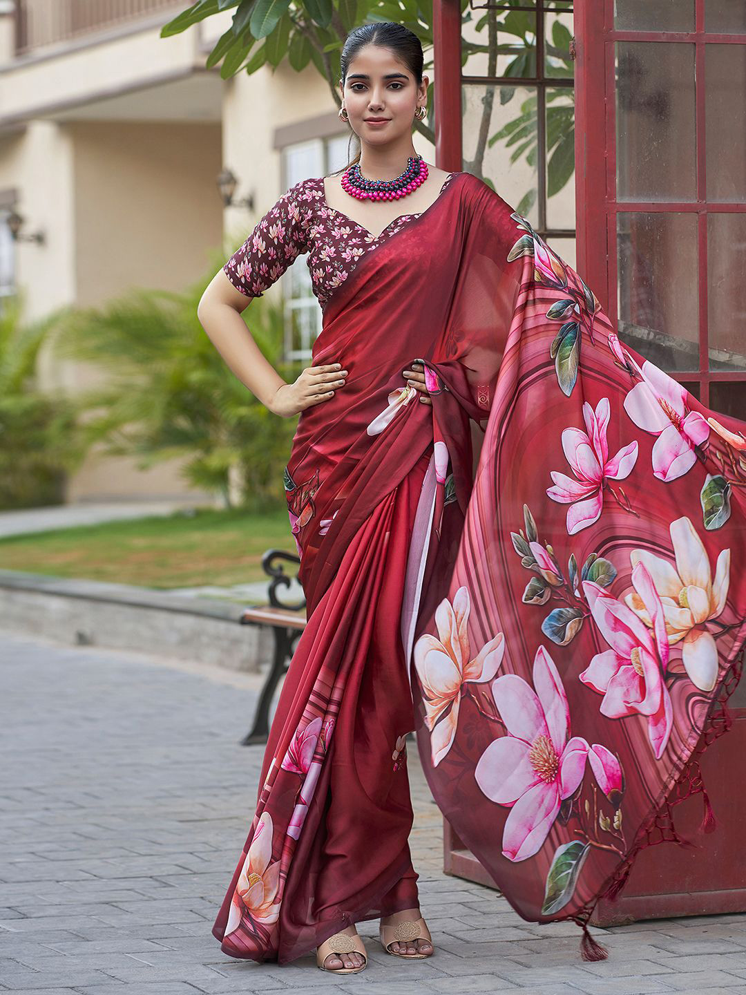 Mitera Satin Floral Tassel Saree