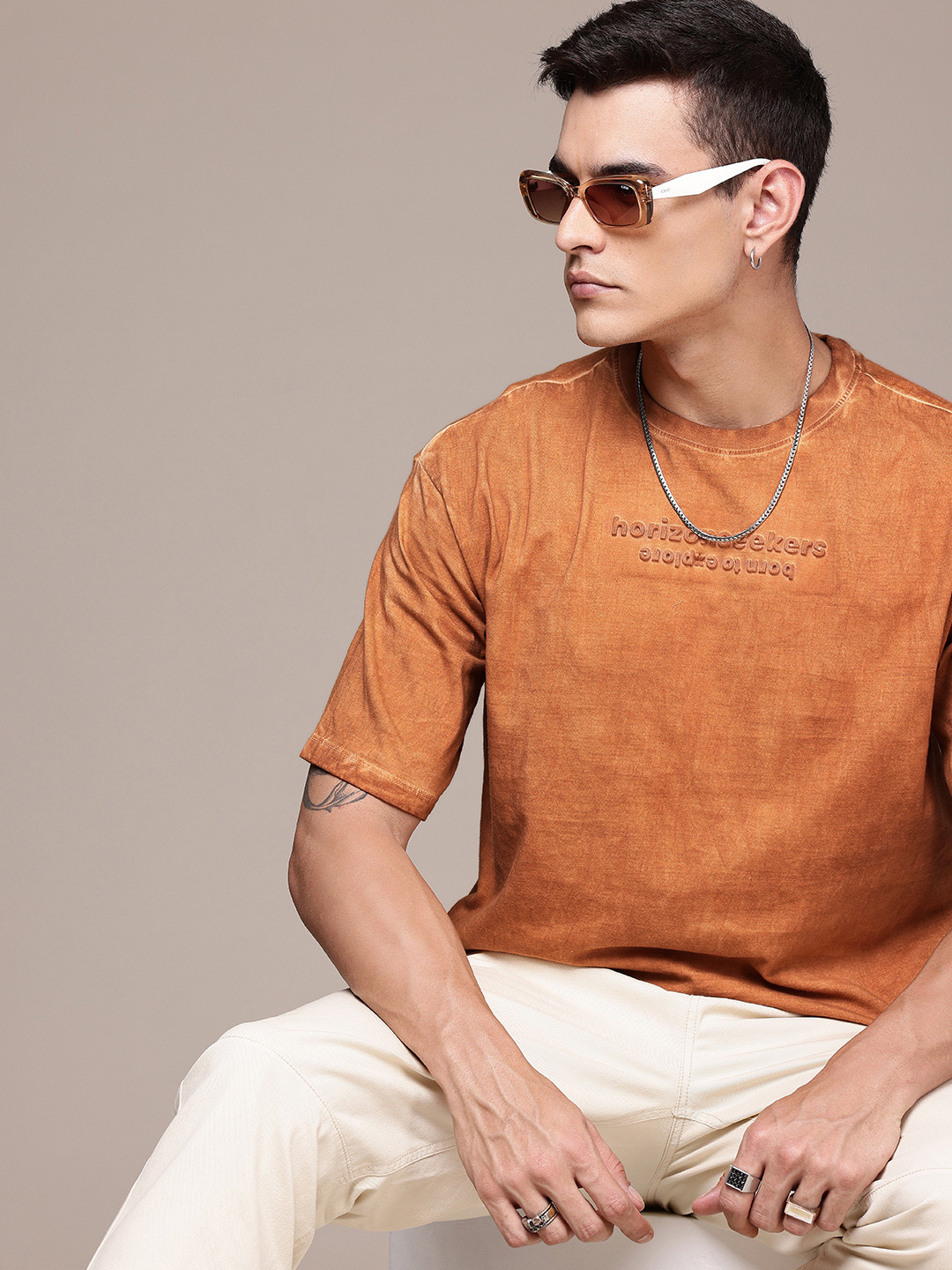 The Roadster Life Co. Drop-Shoulder Embossed & Washed Effect Pure Cotton Relaxed T-shirt