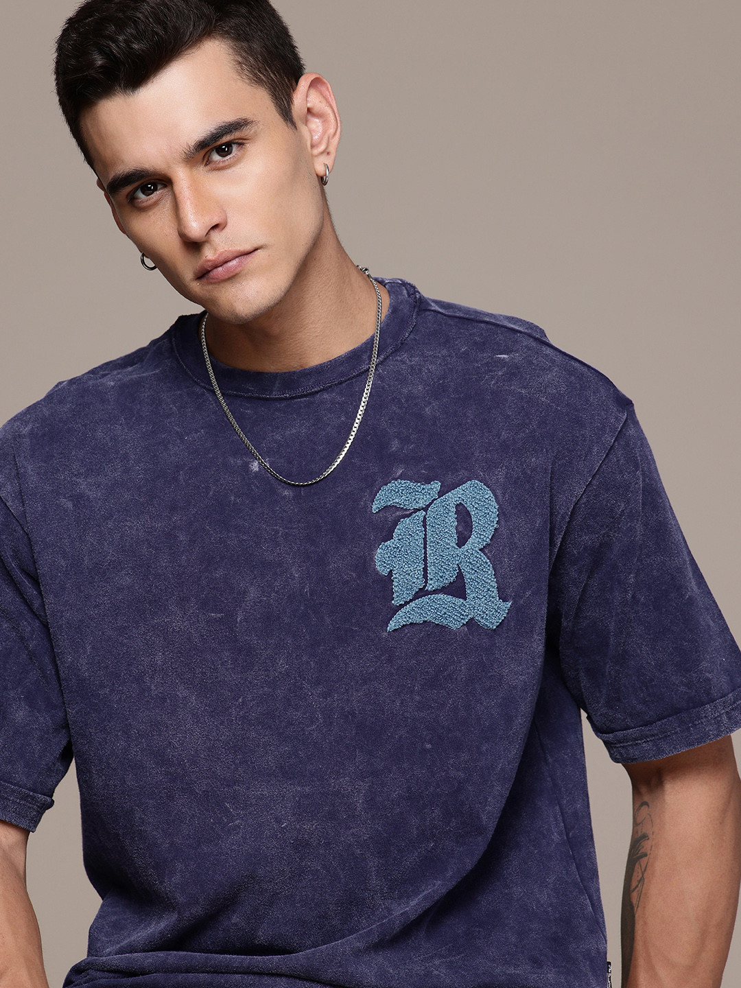 The Roadster Life Co. Pure Cotton Self Design Relaxed Fit Washed T-shirt