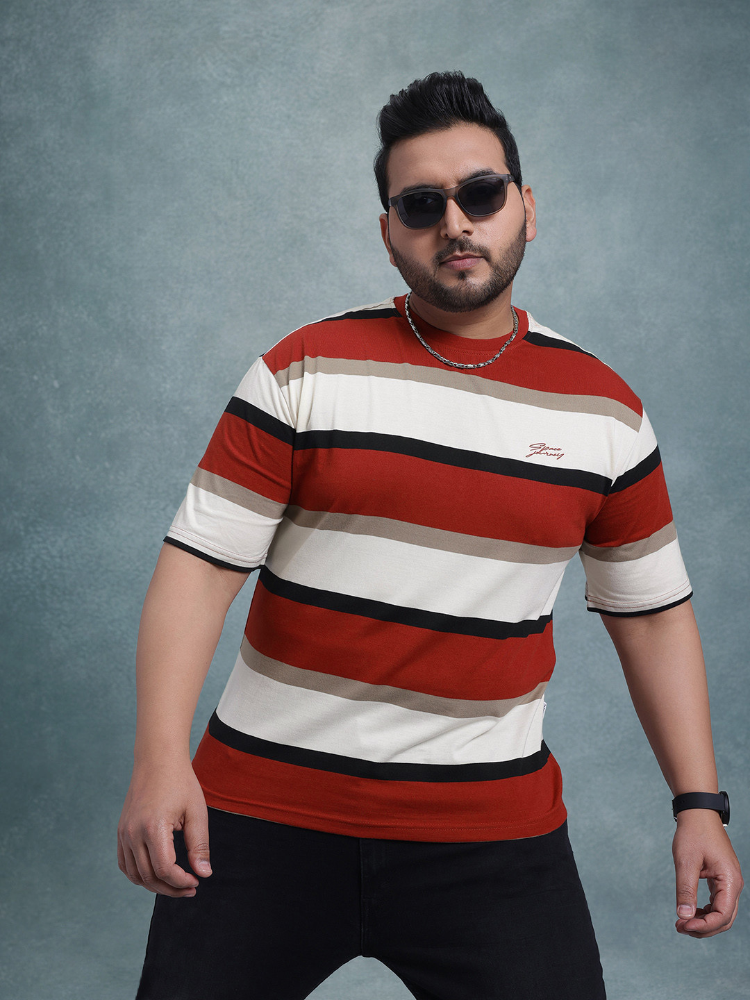 The Roadster Life Co. Plus Size Striped Drop-Shoulder Sleeves Relaxed Fit T-shirt