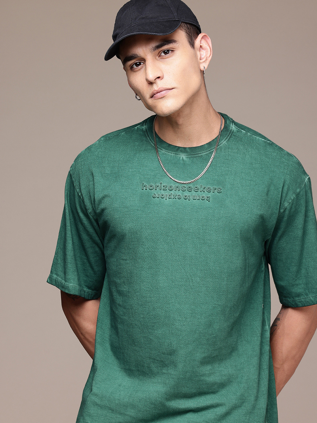 The Roadster Life Co. Drop-Shoulder Embossed & Washed Effect Pure Cotton Relaxed T-shirt