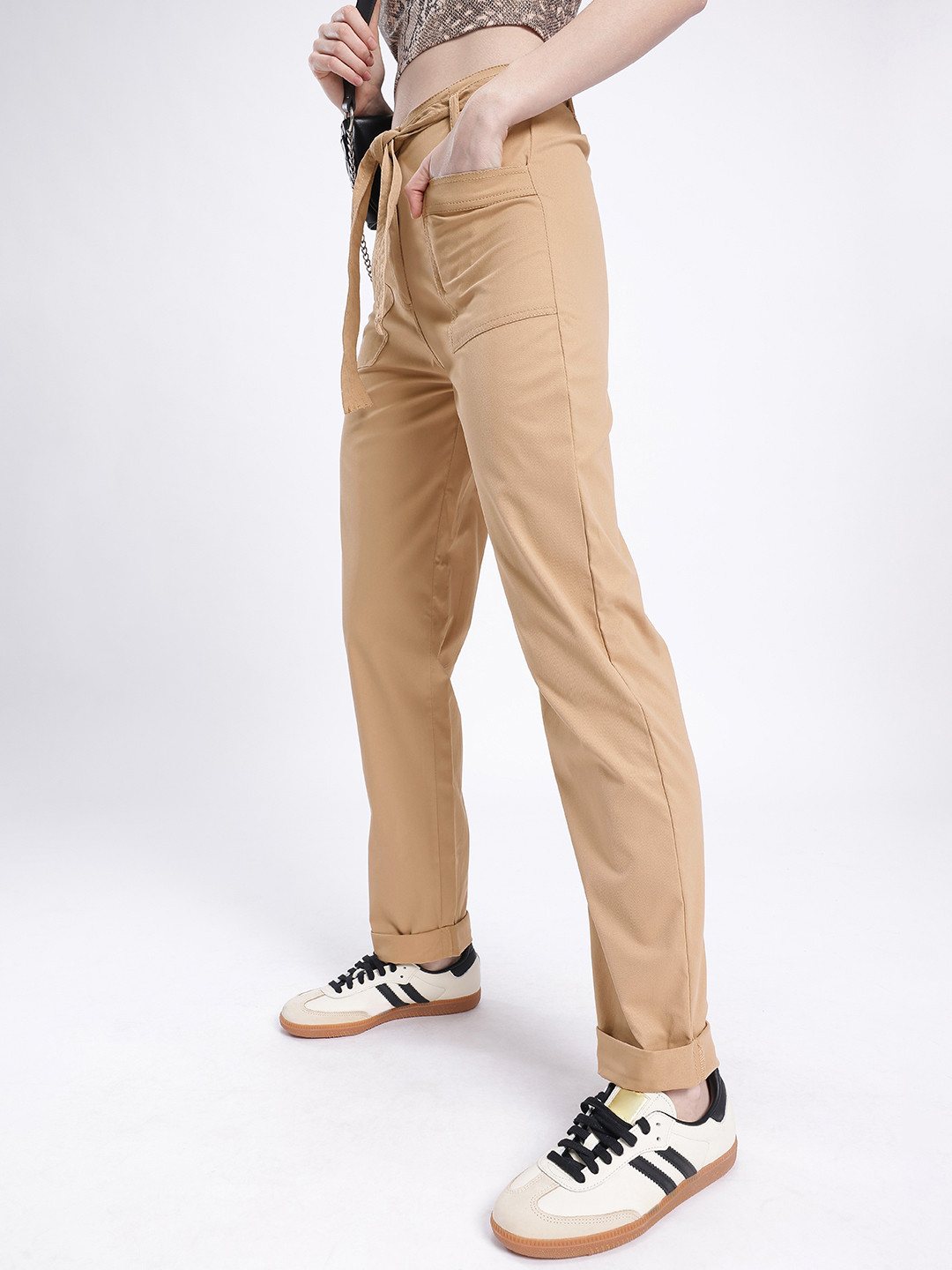 The Roadster Lifestyle Co. Women Smart Swag High-Rise Trousers With Belt