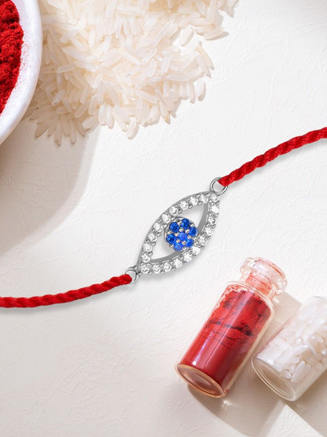 Zavya 925 Sterling Silver Rhodium-Plated Cubic Zirconia Eye Look Studded Rakhi