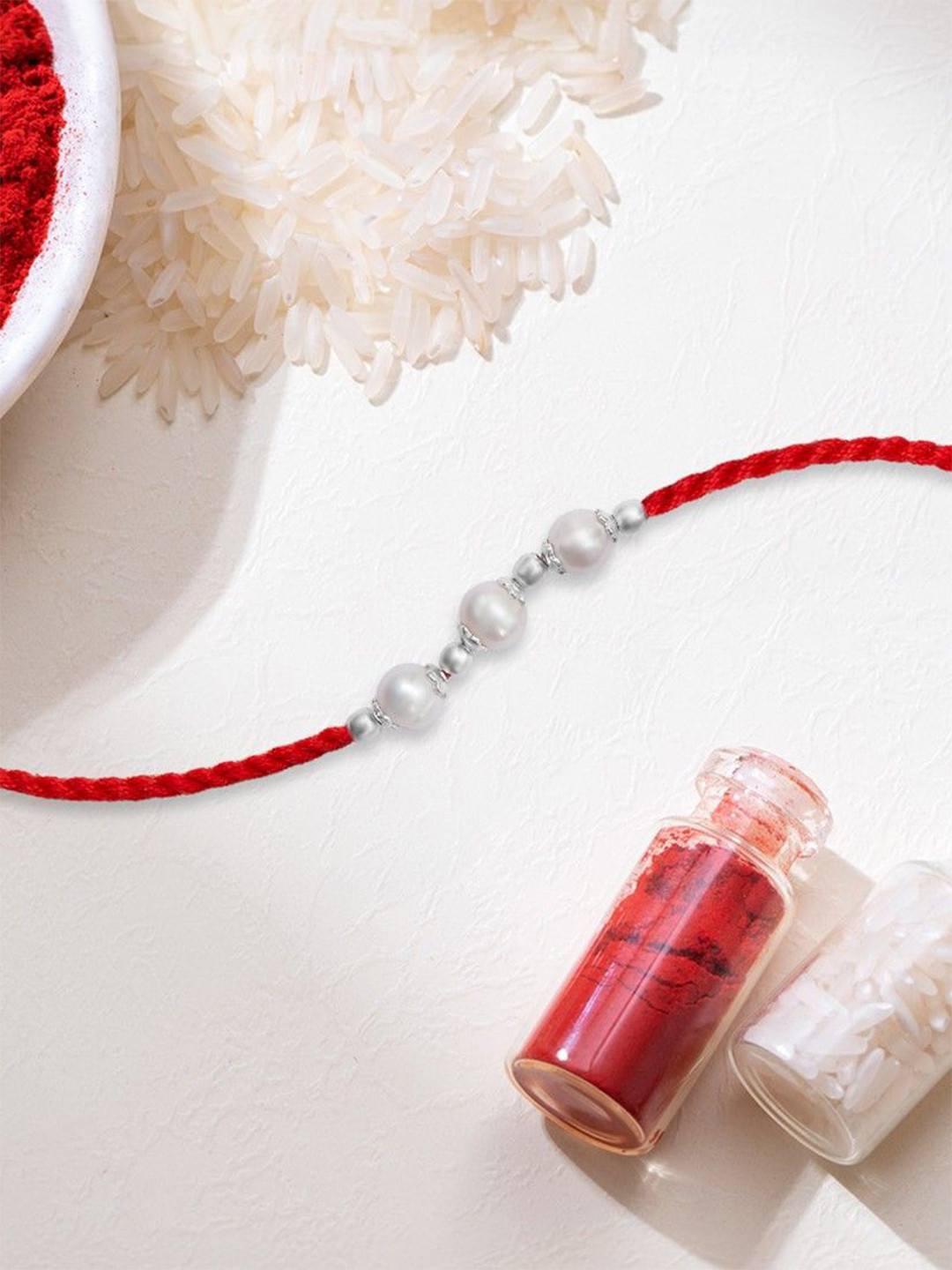 Zavya 925 Sterling Silver Pearl Beaded Threaded Rakhi, Roli & Rice Set