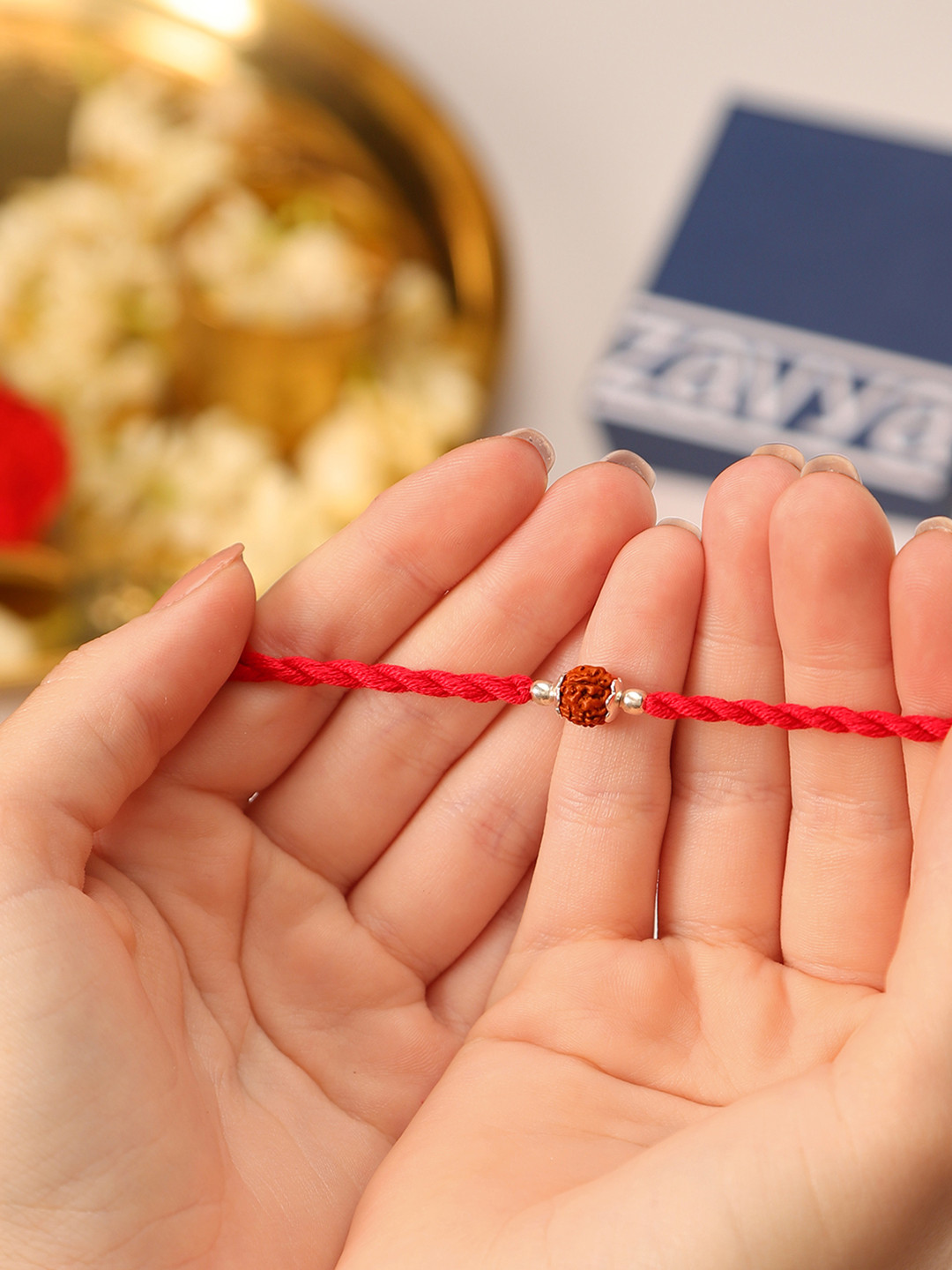 Zavya 925 Sterling Silver Rudraksh Brother Rakhi, Rice & Roli Set