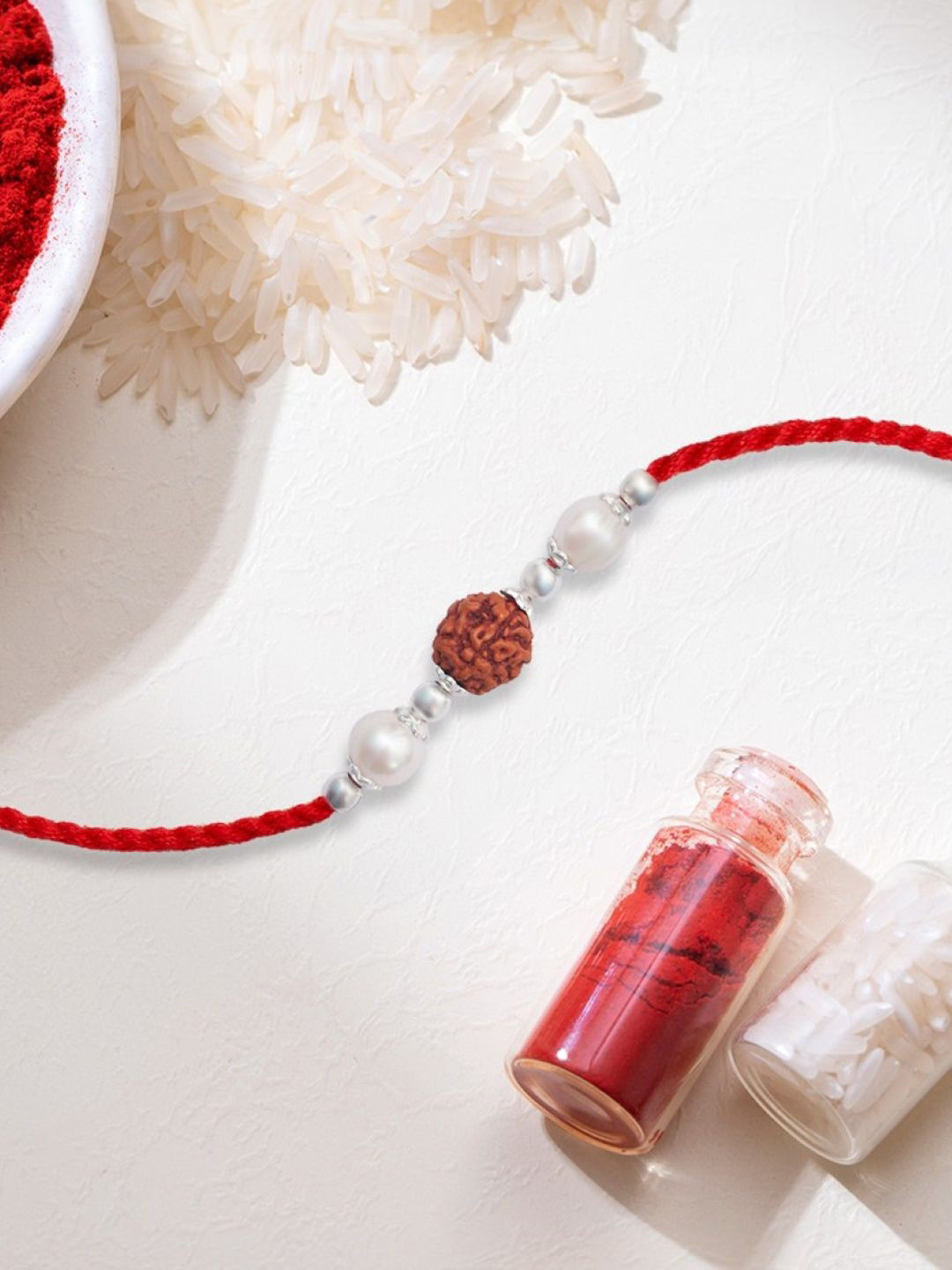 Zavya 925 Sterling Silver Pearl Threaded Rakhi, Rice & Roli Set