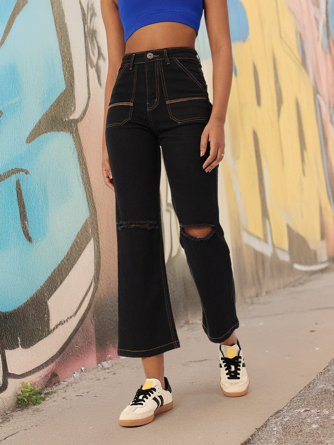 DressBerry Women Slash Knee High Rise Cropped Jeans