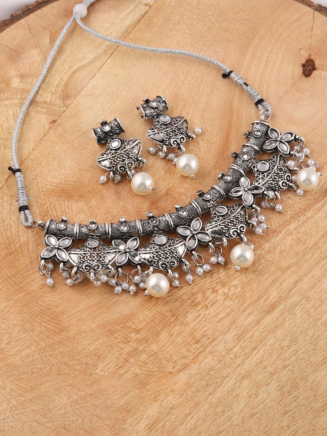 MANSIYAORANGE Rhodium Plated Artificial Beads Oxidised German Silver Jewellery Set