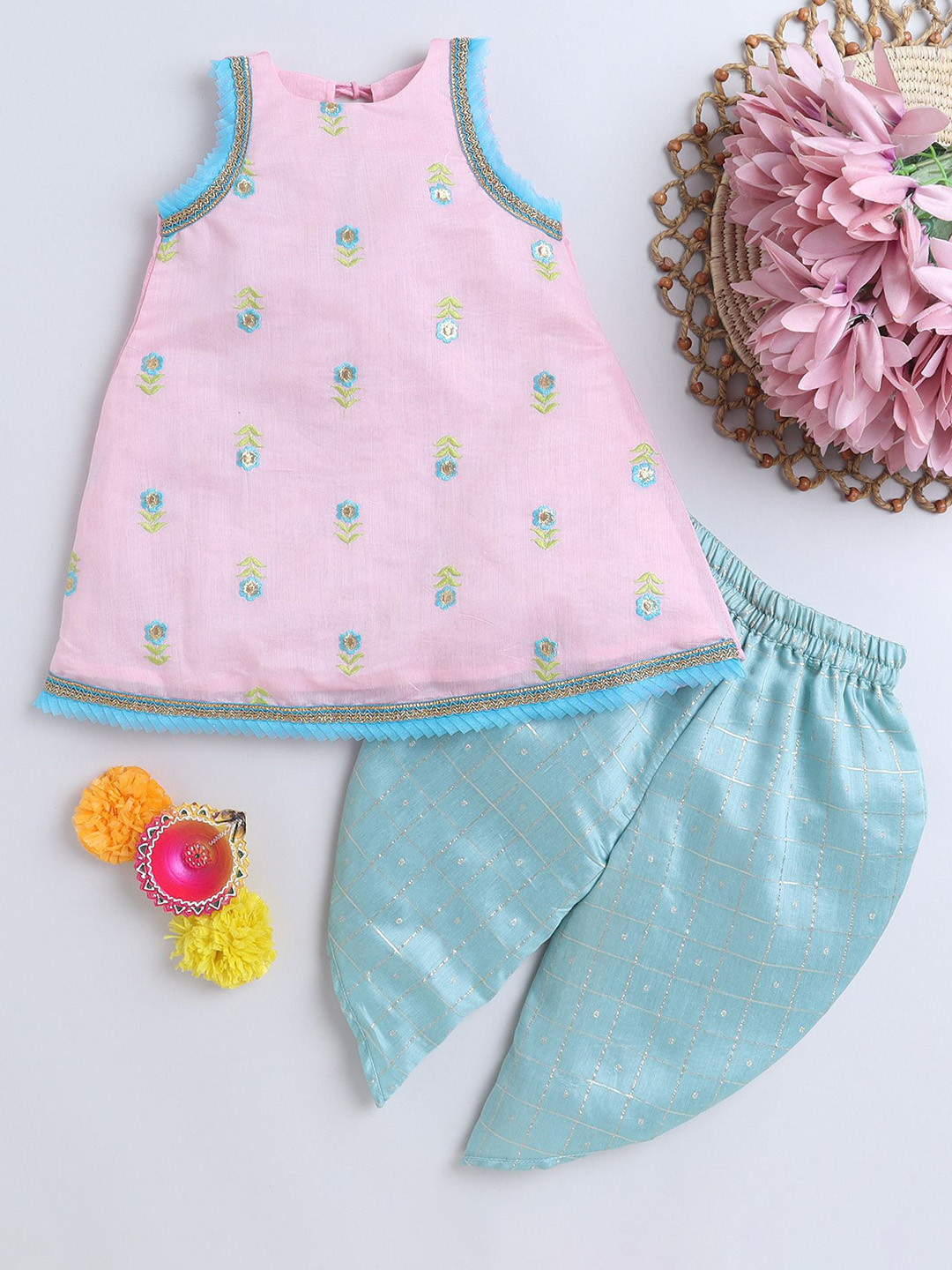 MANY FROCKS & Girls Floral Embroidered Pure Cotton Tunic with Dhoti Pants