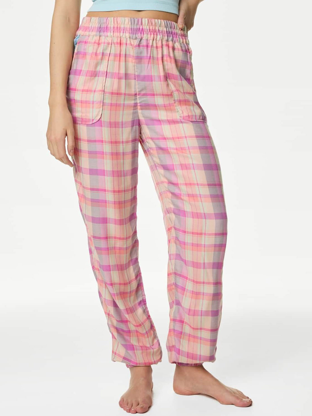 Marks & Spencer Women Checked Cuffed Hem Straight Lounge Pants