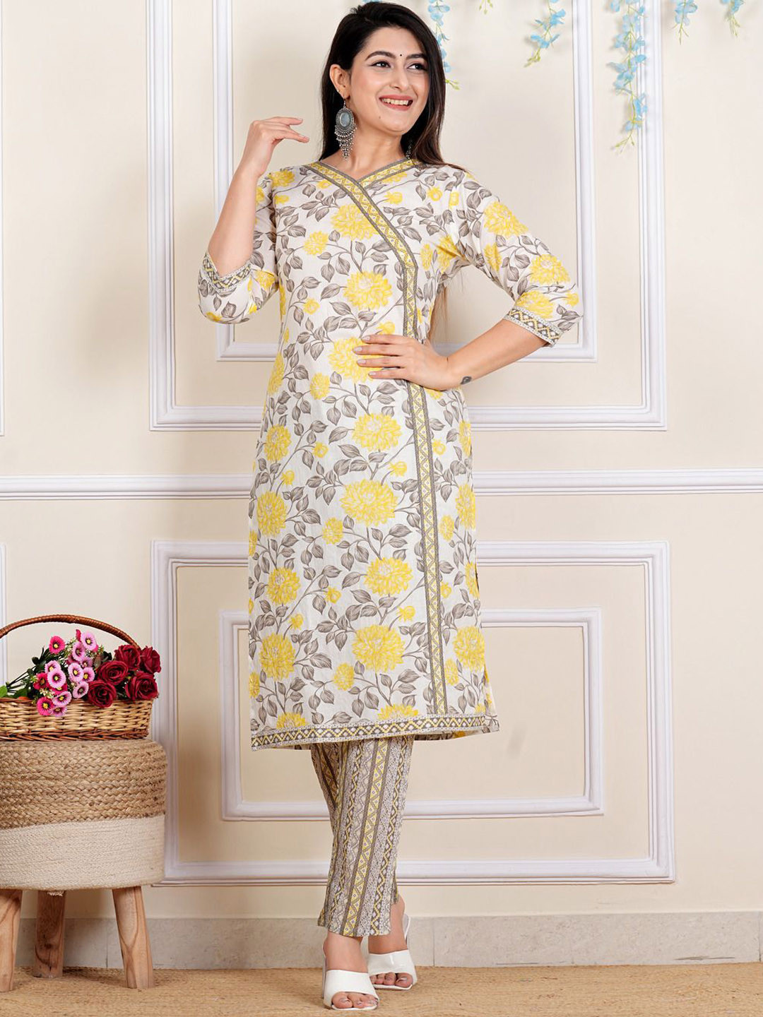Moktika Floral Printed Thread Work Pure Cotton Angrakha Kurta with Trouser