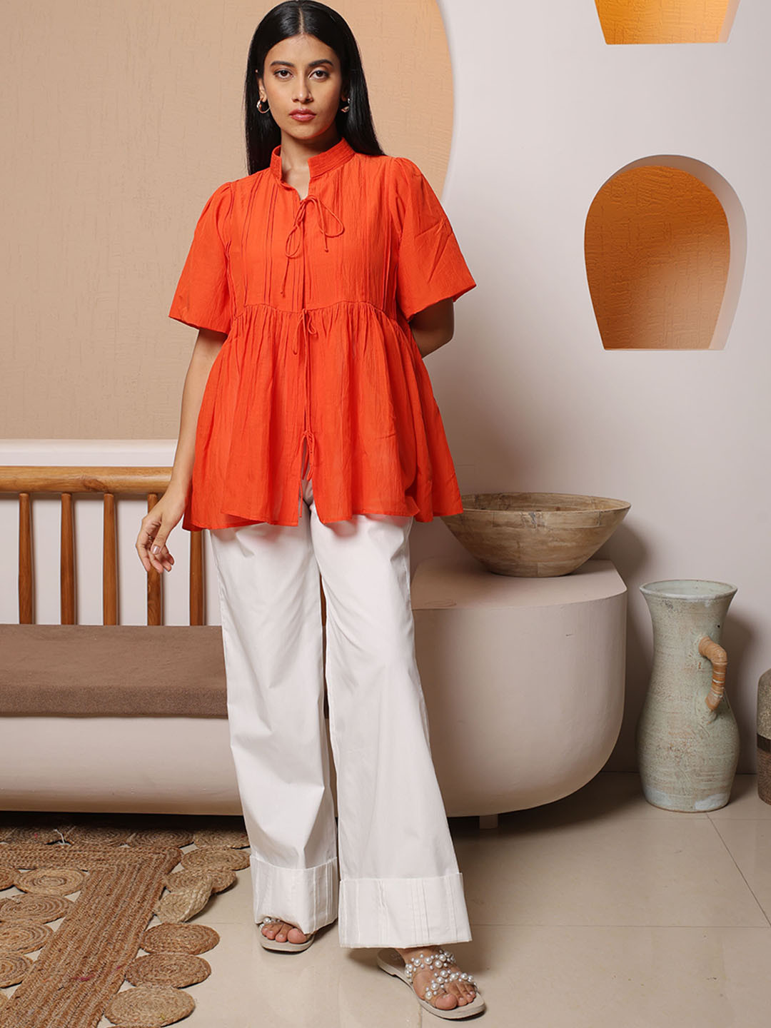 NH KAPDEWALA Mandarin Collar Pintucks Top With Palazzo