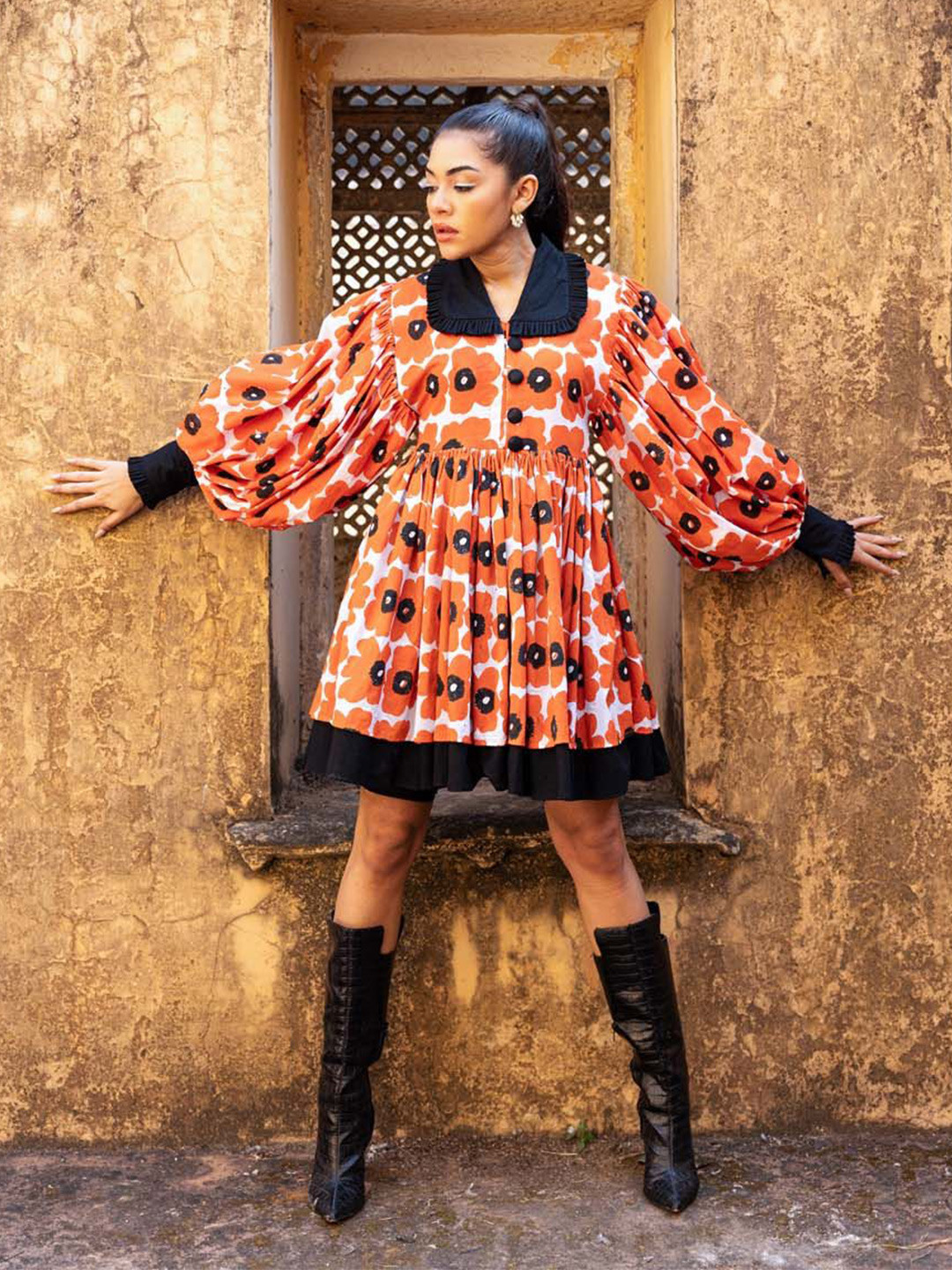JORASA Floral Printed Puff Sleeve Fit and Flare Dress